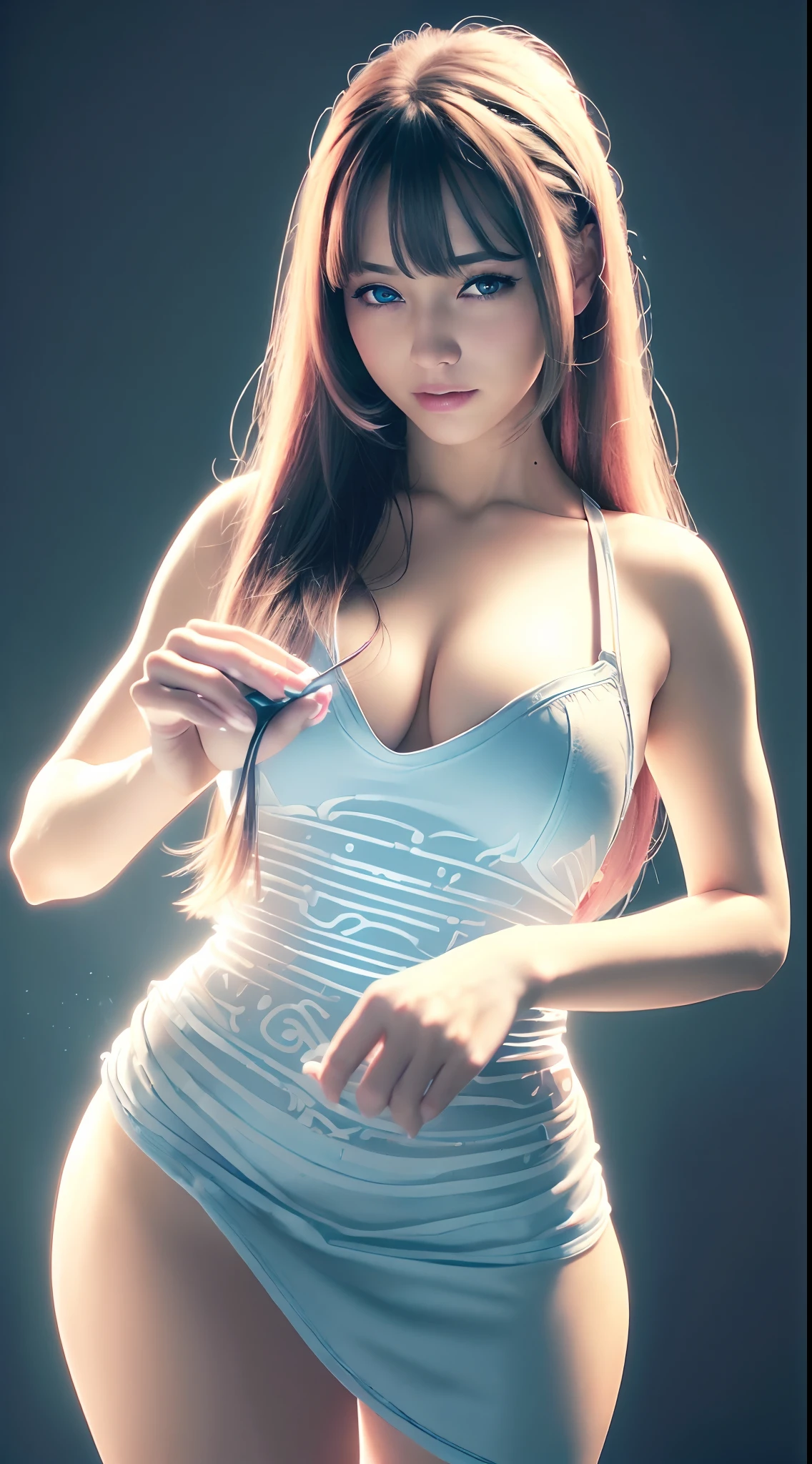 (Best quality, Ultra-detailed, Realistic:1.37), sliver long hair, Fantastic blue eyes, Happy woman beating eggs with chopsticks, Soft lighting, pink apron, illustration, bangs, Flowing hair, Gentle breeze, Shiny hair