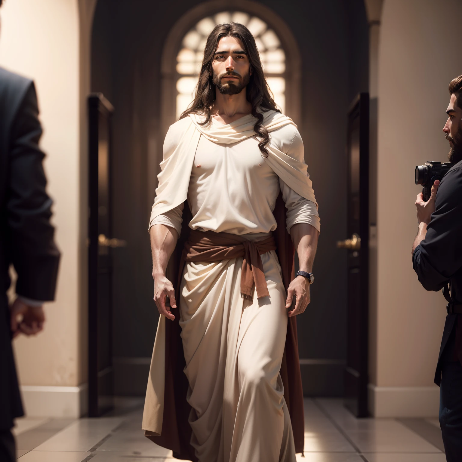 portrait of modern day Jesus, full body, cinematic lighting, depth of field, bokeh, realism, photorealistic, hyperrealism, professional photography, uhd, dslr, hdr, king, king jesus, detalied face,