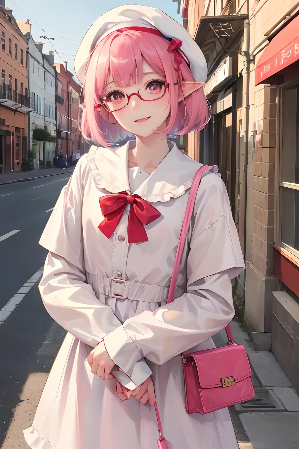 masterpiece、top-quality、Ultra Detail、beautiful lighting、1girl with、ar old、a junih school stu arm with dad)))、(((Date with dad)))、Chiquita、Red glasses(((Red glasses)))、Pink Sarah Outfit、Yellow Ribbon、School hat、little blush、Young Face、Small children、girl withe、(cute smile face:1、1)、(shiny lip:1.1)、(beautidful eyes:1.1)、Wonderful mouth closed hair、short-hair、bob cuts、Pink hair、Red glasses、Pink eyes、elf-ears、、Well-formed face、tiny chest、Smiling a little、masutepiece、Best Quality、High resolution、1girl in、Cowboy Shot、From Side、Looking at Viewer、city、Sunlight、Sunny、pale skin、Curve、Blunt bangs、lightsmile、Fingernails、Walking、Looking at Viewer、chee、In the street、Window Shopping