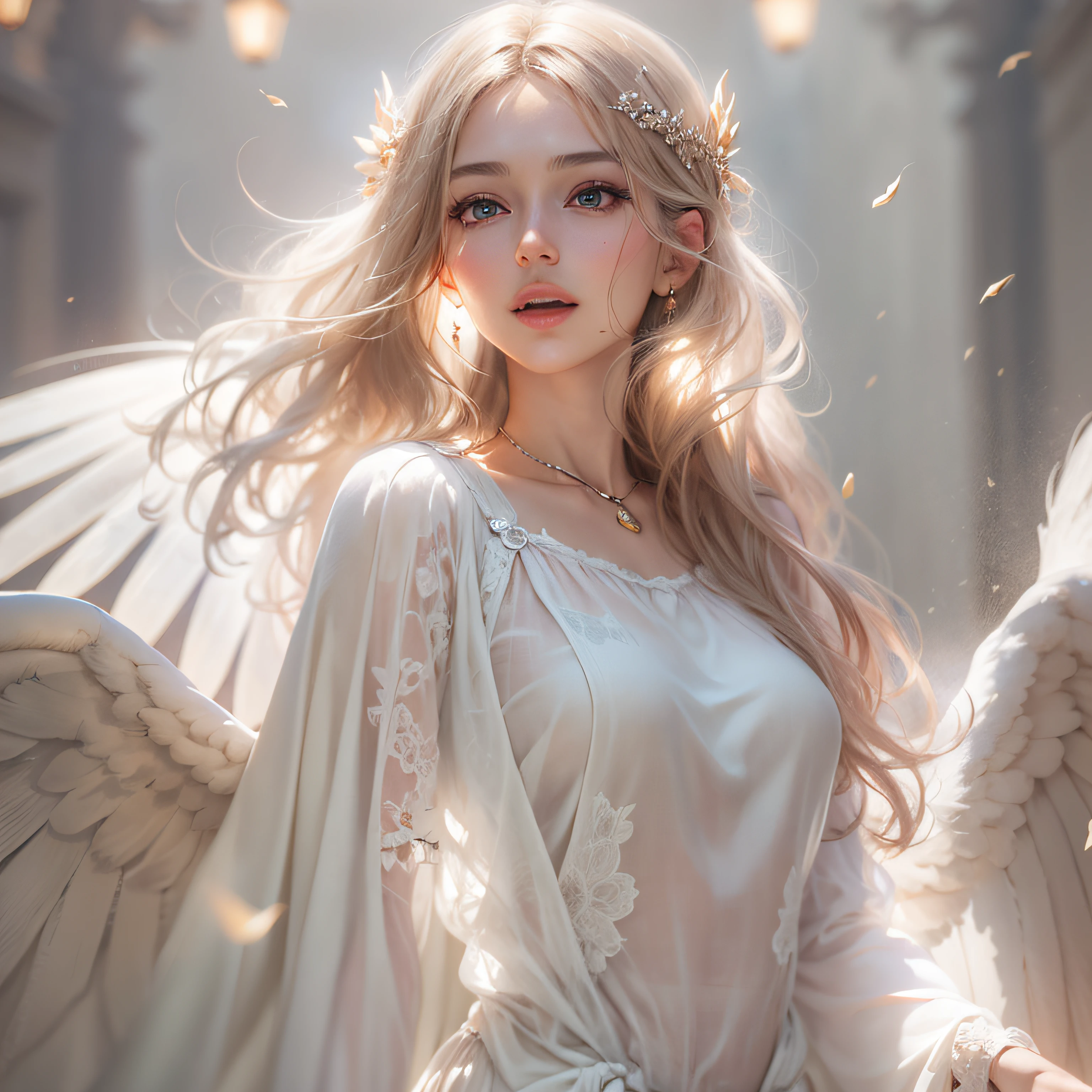 masterpiece, top quality, 8K, real person, realistic, very dense CG, shiny skin, fully focused, heaven, divine glory, radiant, angel, blessing, happiness,