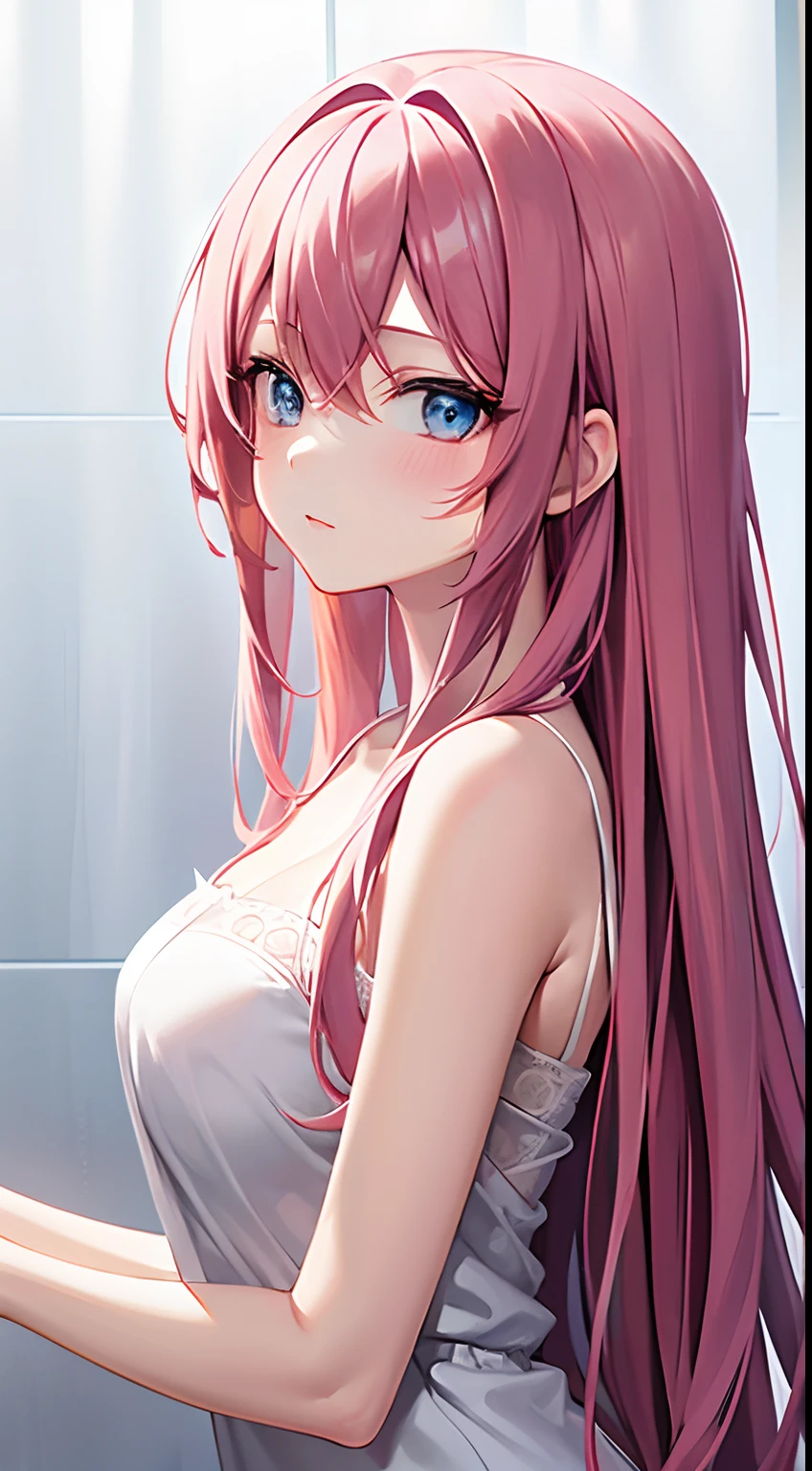 anime girl with pink hair and blue eyes in a white dress, under a shower, morning atmosphere, sprite 2 d, waking up, long curvy hair, clothed non -  portrait, attractive brown hair woman, ultra detailed, best quality, expressive eyes, perfect face, black hair