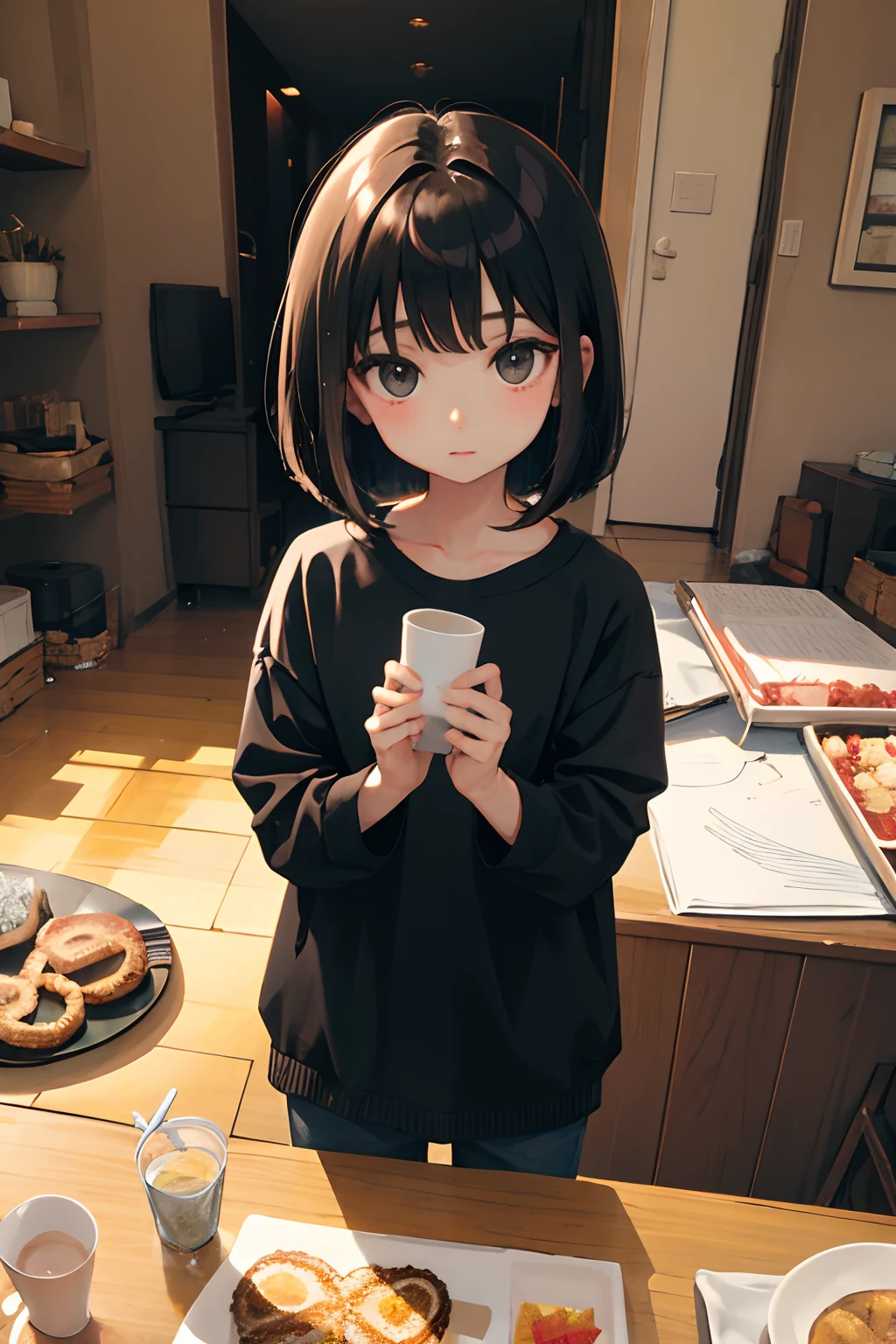 child,(masterpiece,Highest Quality),A dark-haired,Medium bob,Baumkuchen