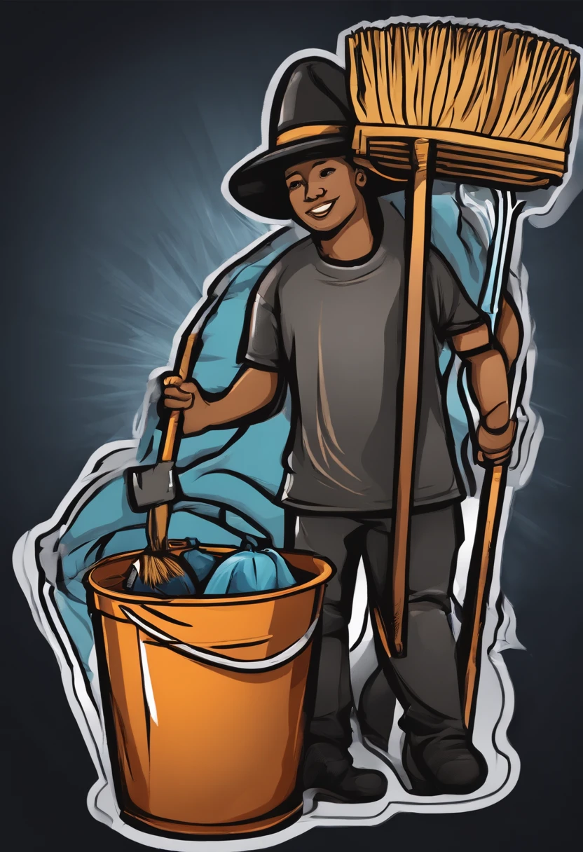 /Imagine Prompt: Illustration of staff holding sticker bucket and broom isolated on black background, Bold outline style, jagged, Trashcore, Light Shading - V 5.2
