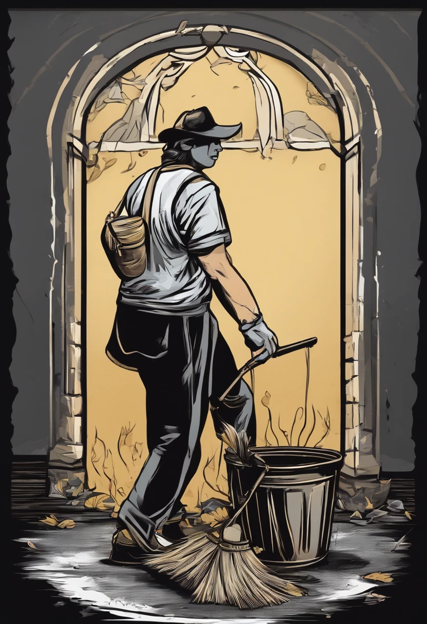 /Imagine Prompt: Illustration of staff holding sticker bucket and broom isolated on black background, Bold outline style, jagged, Trashcore, Light Shading - V 5.2