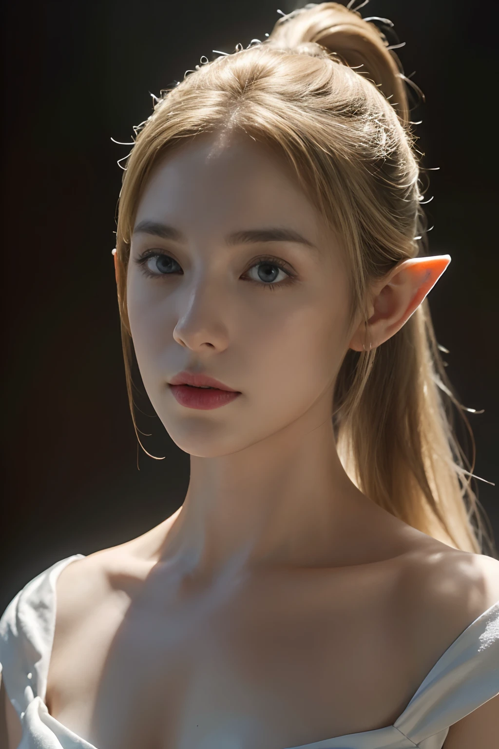 Dark Room、Princess Zelda、White-based dress、Sad face、Focus on the upper body、Strong background blur