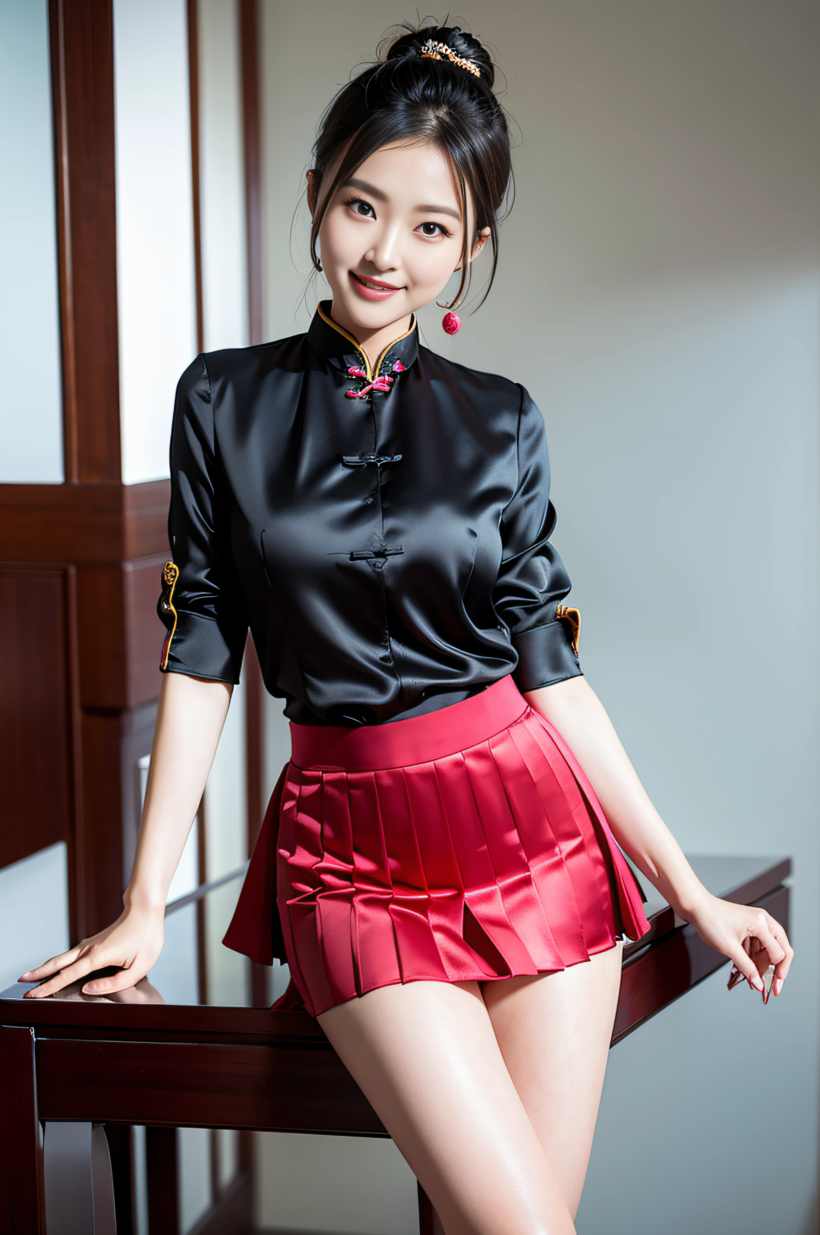 Chinese woman, beautiful face, masterpiece, HD, photorealistic, smiling, seductive, office wear, wearing office clothes, silk button blouse, pleated silk skirt, sfw, formal, physics based rendering,