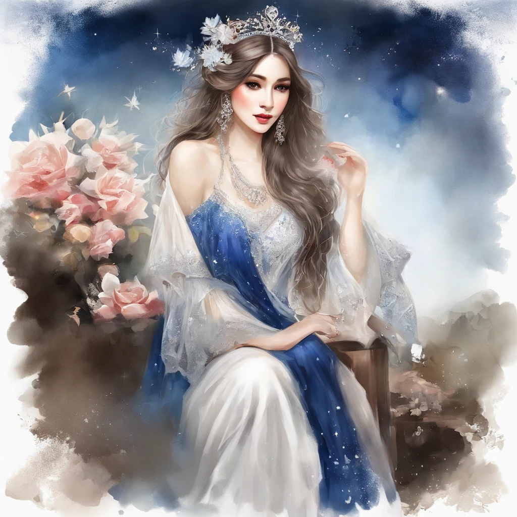 Dark blue sky,White floral dress,Dignified,slim,standing athletic pose,legs crossed, cabelos preto e longos, long hair and waist, Beautiful age girl, White headgear,Hairline,oblique bangs, shairband, hair adornments, forehead gem, Paulai Gem Branch, crescent-shaped hair ornament, Fish hair ornament, glitters, cinmatic lighting, lens glare, nffsw, high detal, high quarity, hight resolution, best qualtiy, 8K, 16 K, high detal, high quarity, super detailing, anatomy correct, tmasterpiece,((Full body)), ((From below))