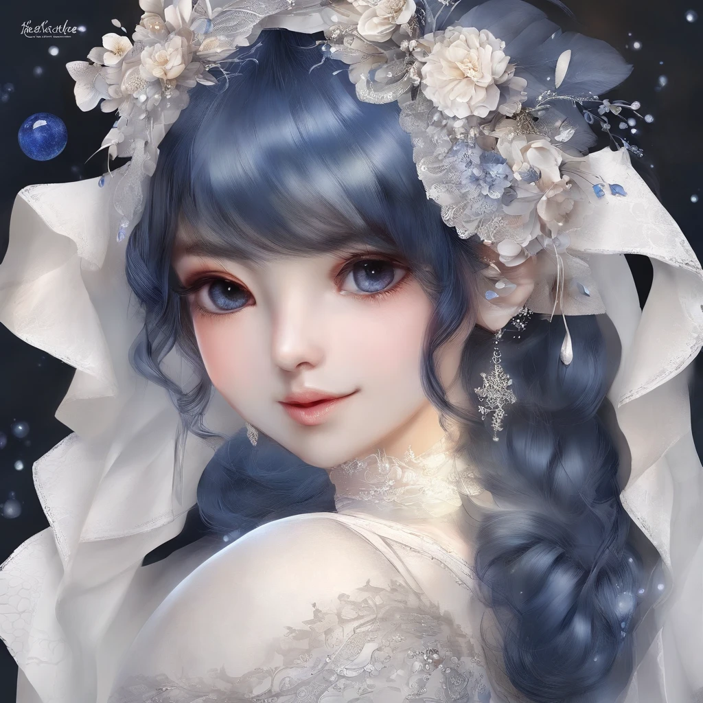 Dark blue sky，White floral dress，Dignified，slim，standing athletic pose，legs crossed, cabelos preto e longos， long hair and waist， Beautiful teenage girl, White headgear，Hairline，oblique bangs， shairband， hair adornments， forehead gem， Paulai Gem Branch， crescent-shaped hair ornament， Fish hair ornament, glitters， cinmatic lighting， lens glare， nffsw， high detal， high quarity， hight resolution， best qualtiy， 8K， 16 K， high detal， high quarity， super detailing， anatomy correct， tmasterpiece，((Full body)), ((From below))