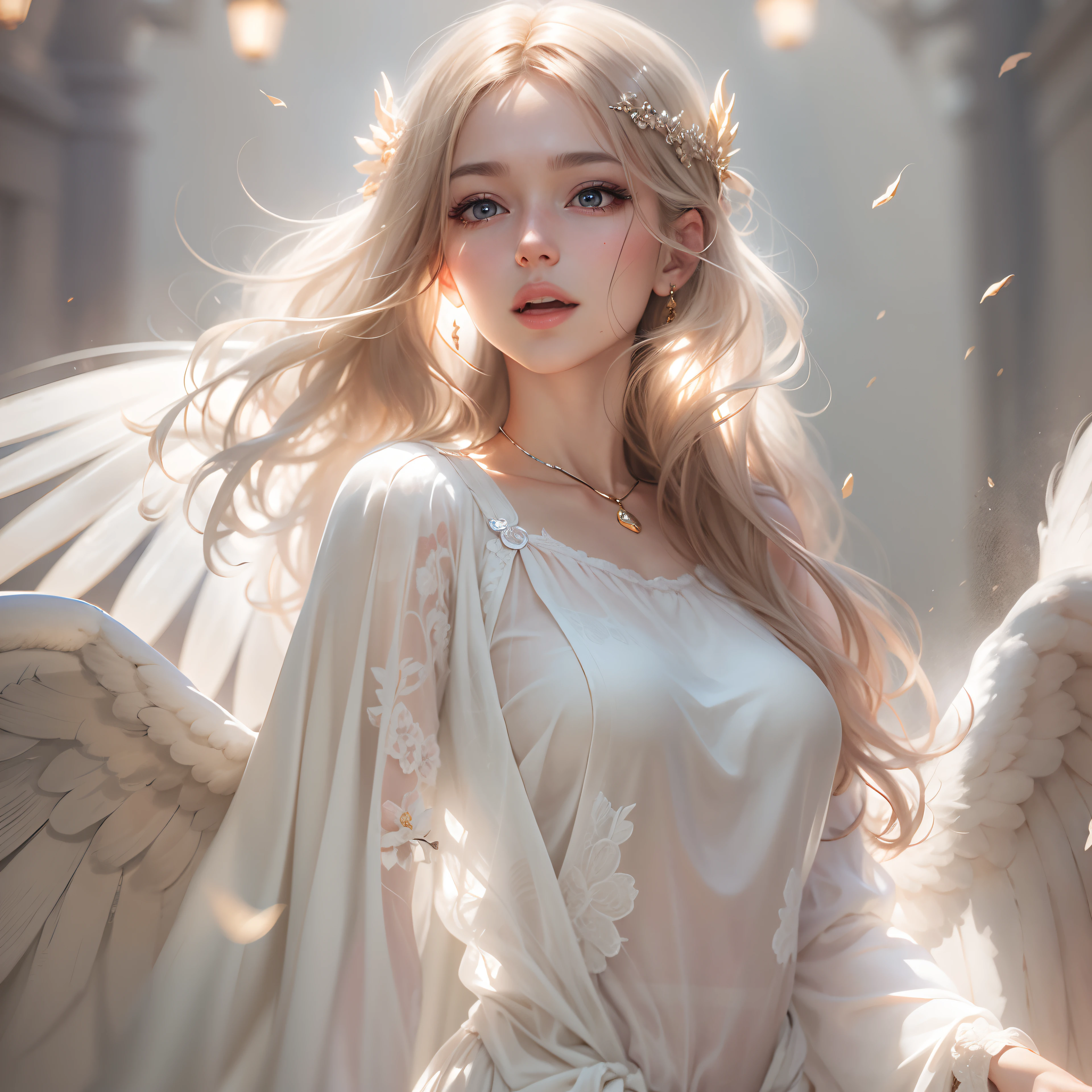 translucent ao dai, flying pose, swirling ethereal light, perfect face, Depict a 16-year-old gorgeous Asian figure with white hair and white angel wings, wearing a translucent ao dai adorned with ethereal light patterns. The figure is in a flying pose, embodying joy and enlightenment, with a serene smile that suggests transcendence beyond physical existence. This scene merges elements of a familiar home setting with surreal, dreamlike qualities, blurring the lines between the physical and metaphysical realms. Surround the figure with an aura of gentle, colorful light, symbolizing an awakening to a deeper truth beyond physical life. The atmosphere is filled with subtle magical elements like energy fields, sparks, lens flares, and bokeh, enhancing the theme of astral projection and spiritual transcendence. The overall scene should convey a profound sense of peace and understanding, capturing the essence of the realization that life transcends physical boundaries, embracing the concept of transformation rather than death.