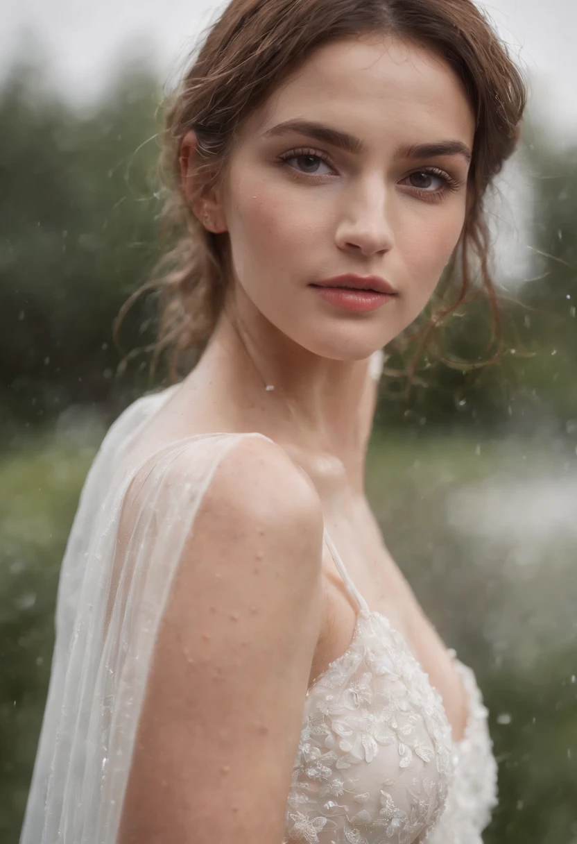 Uma beleza em um vestido branco fino, cabelos molhados, Rain of underwear, As roupas estavam encharcadas de chuva, A pele fica exposta, messy hair, nariz blush, High detail, Close-up,,Product photo of 5 strawberries falling into the water、Drippy、Splash clear liquid、water bloom,dynamic compositions,(master part) (melhor qualidade) (circunstanciado) (Cinematic lighting) (foco nítido) (intrincado), master part, melhor qualidade, ultra-highresolution, 8k UHD