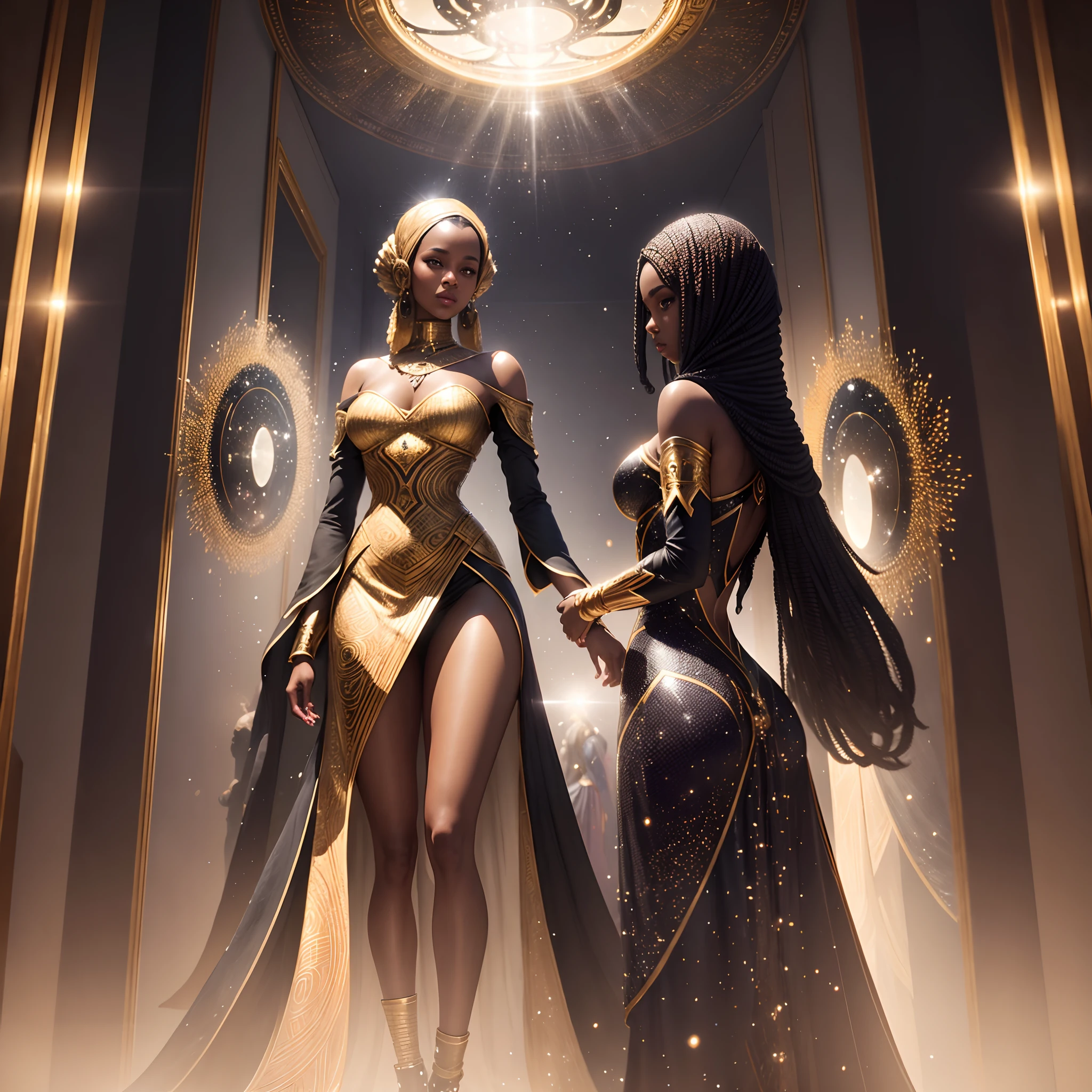Black nubian woman wearing african designed clothes standing in a room full of bursting mirrors, mirror particles surrounding black woman, mirror particles floating in air, light reflecting on the mirror particles, with iridescent light, photorealistic image, 32k, ultra HD, cinematic lighting, artgerm style