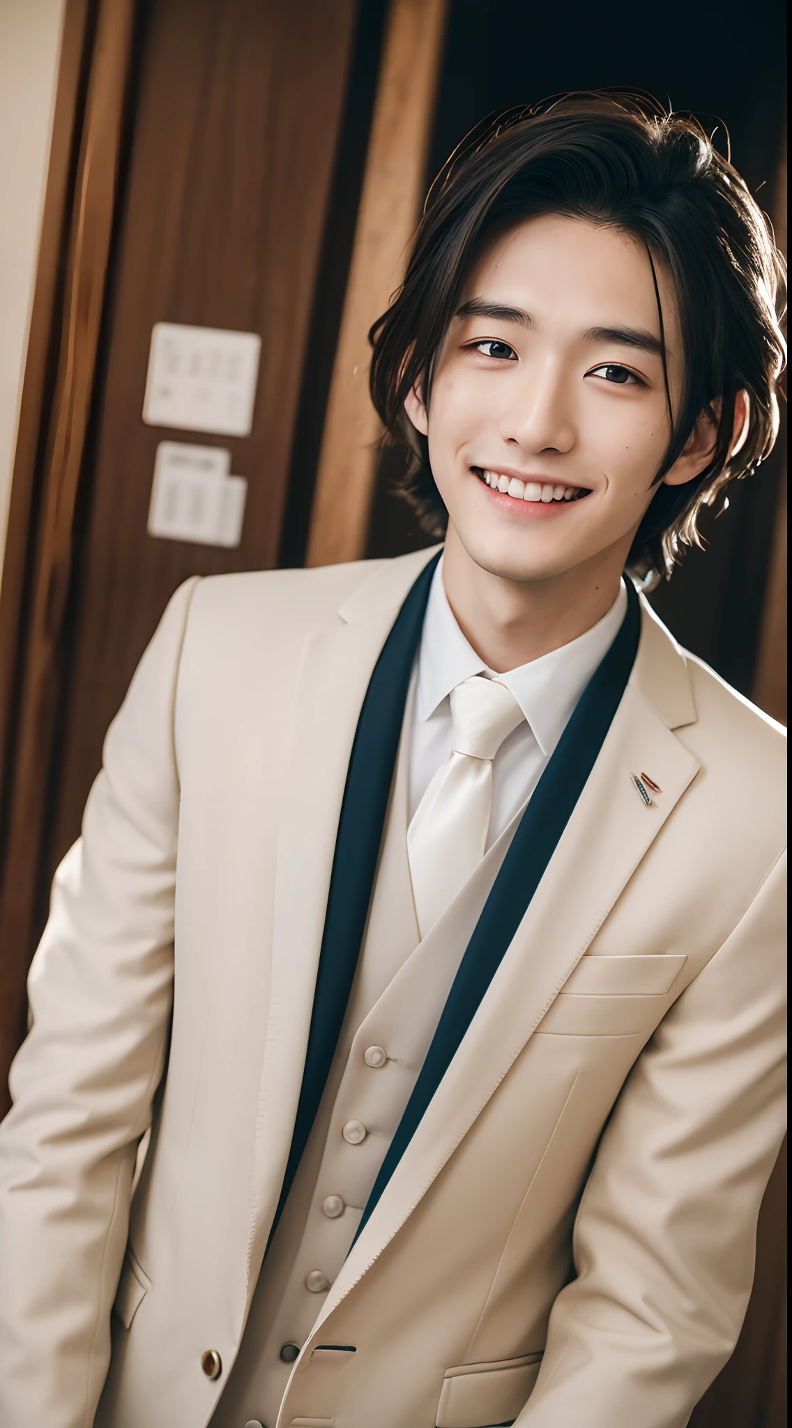 4K、top-quality、masutepiece、 ｟Japan Male,18year old｠、Palmer Hair、a handsome、bridegroom、wedding hall、Looking at the camera、a smile