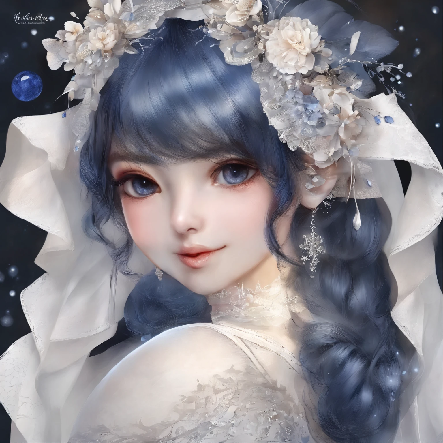 Dark blue sky,White floral dress,Dignified,slim,standing athletic pose,legs crossed, cabelos preto e longos, long hair and waist, Beautiful teenage girl, White headgear,Hairline,oblique bangs, shairband, hair adornments, forehead gem, Paulai Gem Branch, crescent-shaped hair ornament, Fish hair ornament, glitters, cinmatic lighting, lens glare, nffsw, high detal, high quarity, hight resolution, best qualtiy, 8K, 16 K, high detal, high quarity, super detailing, anatomy correct, tmasterpiece,((Full body)), ((From below))