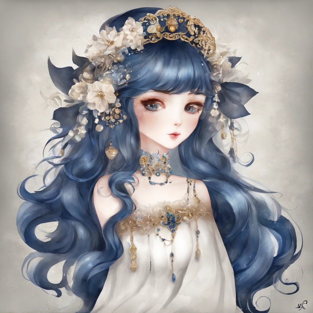 Dark blue sky,White floral dress,Dignified,slim,standing athletic pose,legs crossed, cabelos preto e longos, long hair and waist, Beautiful age girl, White headgear,Hairline,oblique bangs, shairband, hair adornments, forehead gem, Paulai Gem Branch, crescent-shaped hair ornament, Fish hair ornament, glitters, cinmatic lighting, lens glare, nffsw, high detal, high quarity, hight resolution, best qualtiy, 8K, 16 K, high detal, high quarity, super detailing, anatomy correct, tmasterpiece,((Full body)), ((From below))