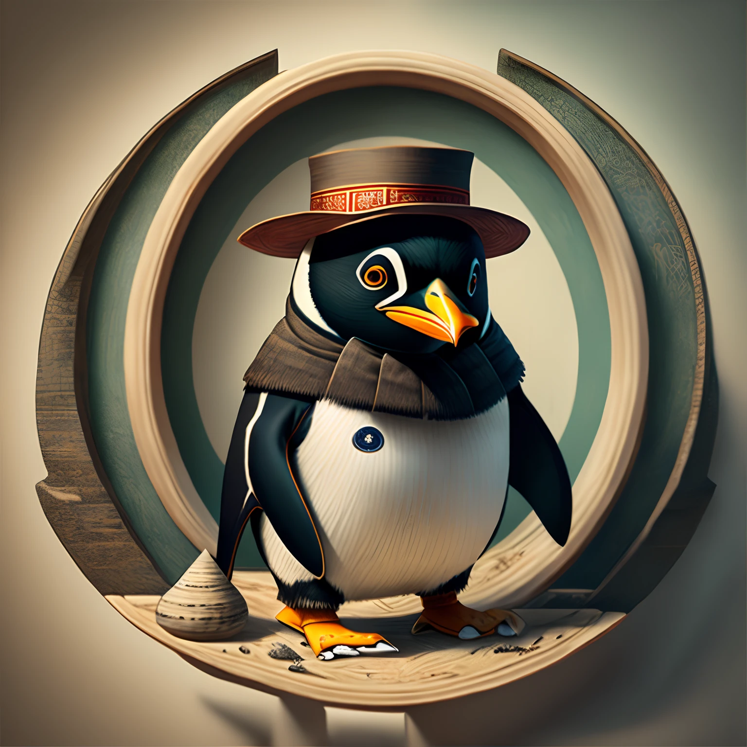Image of penguin with hat,trends in art station,Wear Chinese clothing,hyper realistic detailed rendering,Chinese ancient style,Urban style,Artistic gestures,Penguin Planet,fashionable attire,城市,West Slavic specialties,circular design,clothing design