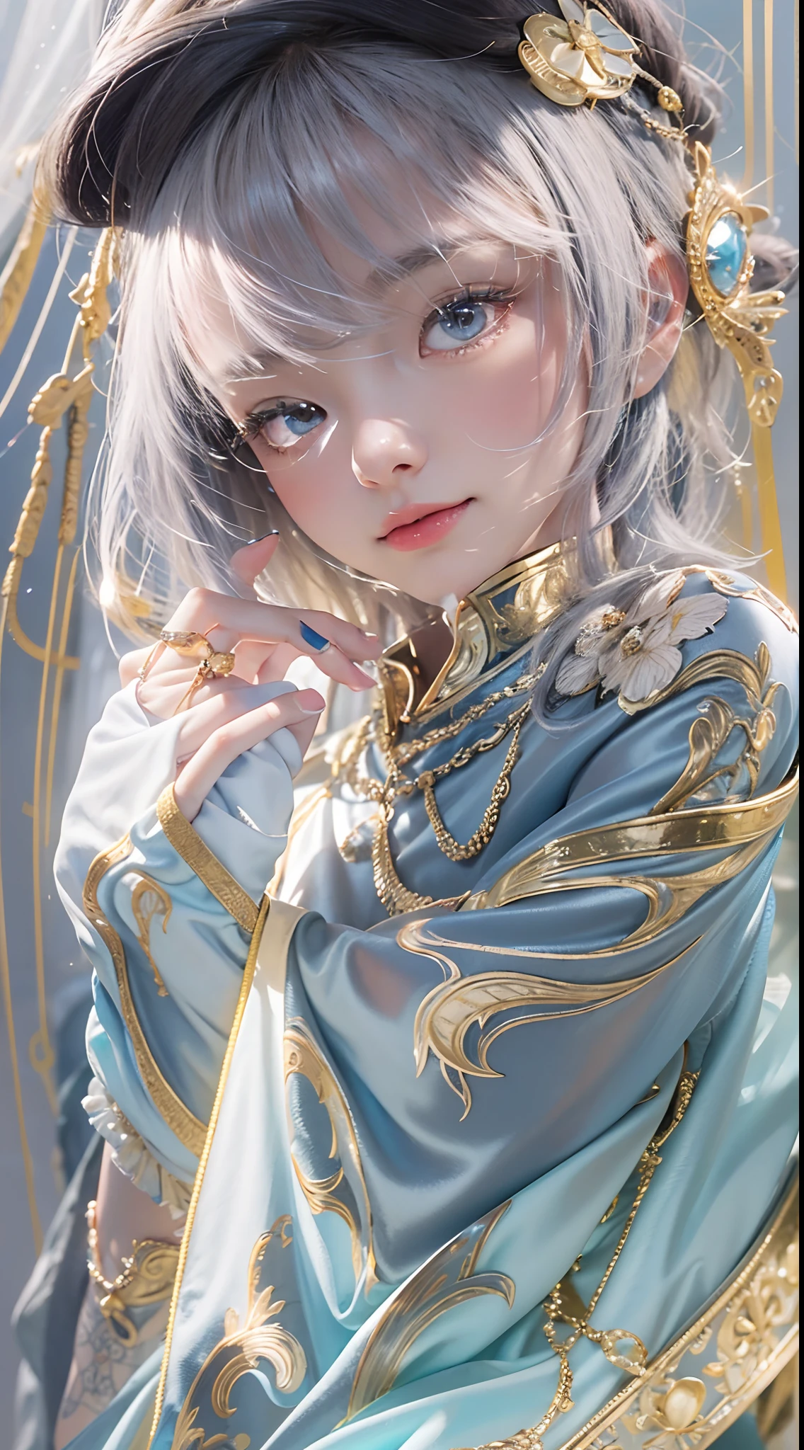 1girll,(enchanced quality:1.4),(Top quality true texture skin), Delicate face,Black hair, Gradient hair, Petite body,(perfect bodies:1.1), There are precious stones on the forehead, rimless eyewears, Sparkling pupils,long eyelasher,grin, hyper photorealism, Cinematic lighting, projected inset, surrealism, hyper HD, Masterpiece, 16k,Lie down,dream on,Wear transparent silk pajamas,Carmelto,Legs slightly open,Tattooed with,Fantasy space,Luxurious space,hyper-high detail,《Detail adjustments:1.5》,《Realistic fingers,Realistic details textured hands》,