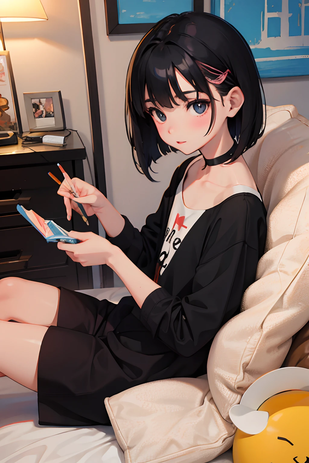child,(masterpiece,Highest Quality),A dark-haired,Medium bob,Pocky