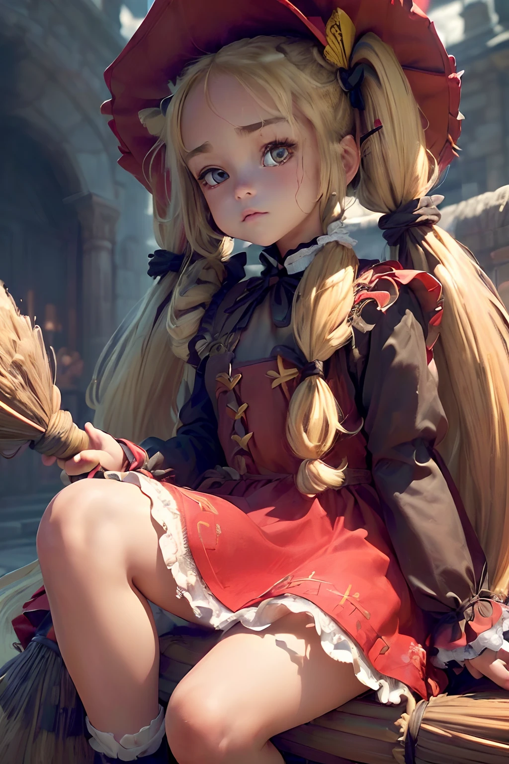((((hyperdetailed face, Perfect face and nice perfect face)))),( hight resolution, ultra-detailliert), (((((Petite girl with long hair blonde twin tails)))),(())),((((Red Maid Dresses)))),(((girl with))),,((((Sitting on a broom and flying)))),(((witch's hat))),Aerial swimming