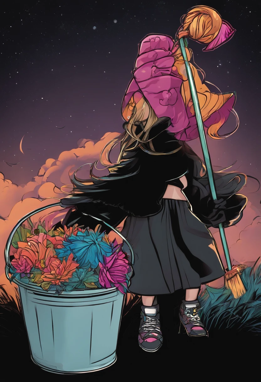 /Imagine Prompt: Illustration of staff holding sticker bucket and broom isolated on black background, kawaii、colourfull、Bold outline style, jagged, Trashcore, Light Shading - V 5.2