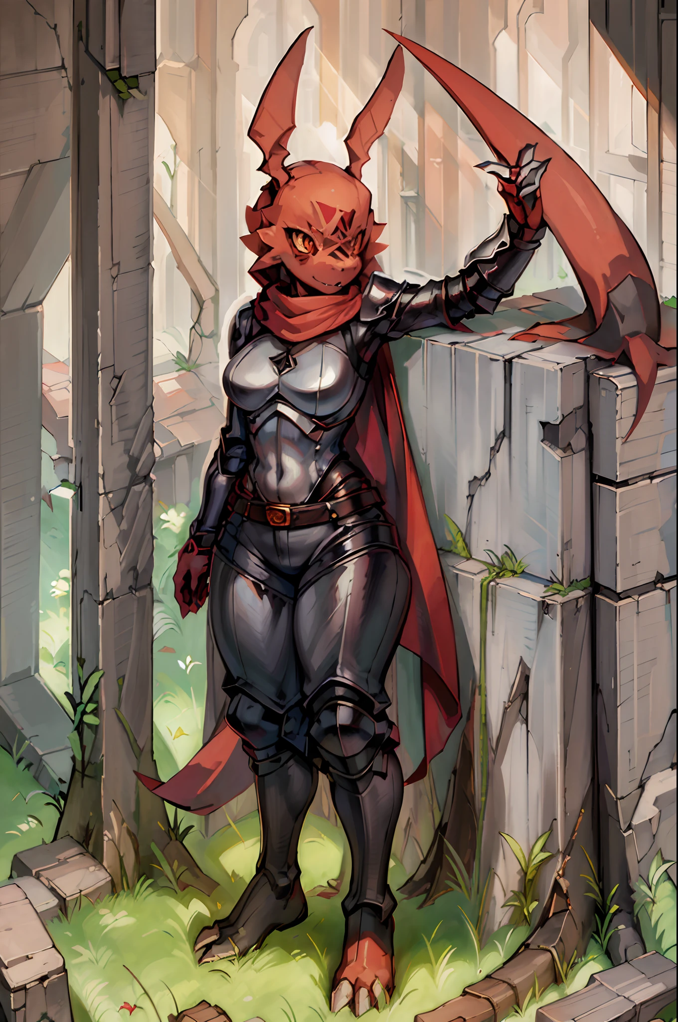 Masterpiece, best quality, ruins, crack, rubble, moss, grass, light amber eyes, solo, standing, guilmon, red body, tail, anthro, black tattoo,full armore, pants, tunic, medium breas, cloak, scarf, warior, knight, 1girl