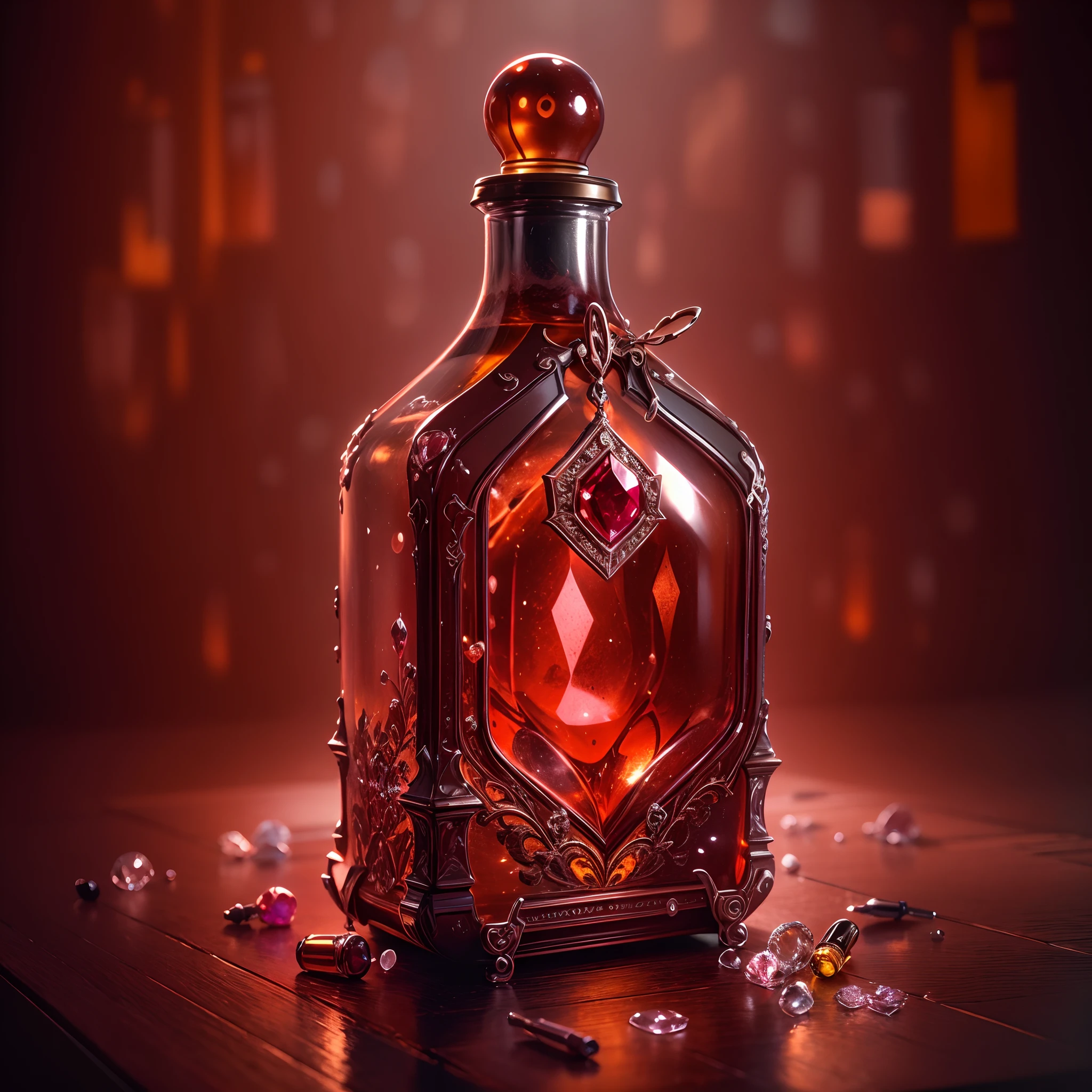 A masterpiece of the highest quality and ultra-detail. A bottle decorated with elaborate high-tech equipment, a sparkling ruby trapped inside the bottle. A delicately drawn ruby. Expand. Vibrant high contrast colors. Ruby illuminates the space in a dimly lit room. Creative atmosphere. Photorealistic, just like a real photo.