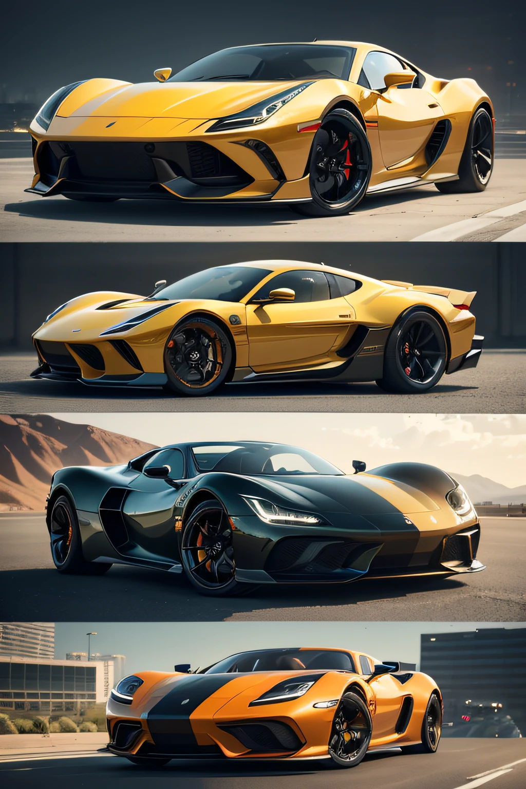 A futuristic concept of harmonious cars inspired by the 1970s era.

(best quality,4k,8k,highres,masterpiece:1.2),ultra-detailed,(realistic,photorealistic,photo-realistic:1.37),HDR,UHD,studio lighting,ultra-fine painting,sharp focus,physically-based rendering,extreme detail description,professional,vivid colors,bokeh,portraits

Description:

1. Cars: A collection of futuristic cars inspired by the 1970s, featuring sleek and aerodynamic designs. These cars should incorporate elements of harmony and balance, with smooth curves and flowing lines.

2. Materials: The cars should be rendered using high-quality materials, such as polished metal, glossy glass, and vibrant paint finishes. The reflections and shine should be emphasized to enhance the overall realism of the image.

3. Surroundings: The cars should be showcased in a futuristic cityscape with tall buildings and advanced infrastructure. The surroundings should reflect the harmony and balance of the cars, with clean and organized streets, lush greenery, and a sense of tranquility.

4. Lighting: The scene should be bathed in warm and natural light, with soft shadows and gentle highlights. The lighting should enhance the details of the cars and create a sense of depth and dimension in the image.

5. Color Palette: The color palette should be inspired by the vibrant hues of the 1970s, with shades of orange, yellow, and brown dominating the scene. The colors should be rich and saturated, evoking a sense of nostalgia and retro charm.

6. Style: The image should be rendered in a hyper-realistic style, capturing every intricate detail of the cars and the surroundings. The focus should be on creating a visually stunning and immersive experience for the viewer.

Remember to use comma (,) to separate each tag, and organize them in order of importance from high to low. Make sure to include important details of the image and create a prompt that will generate a high-quality and visually appealing result.