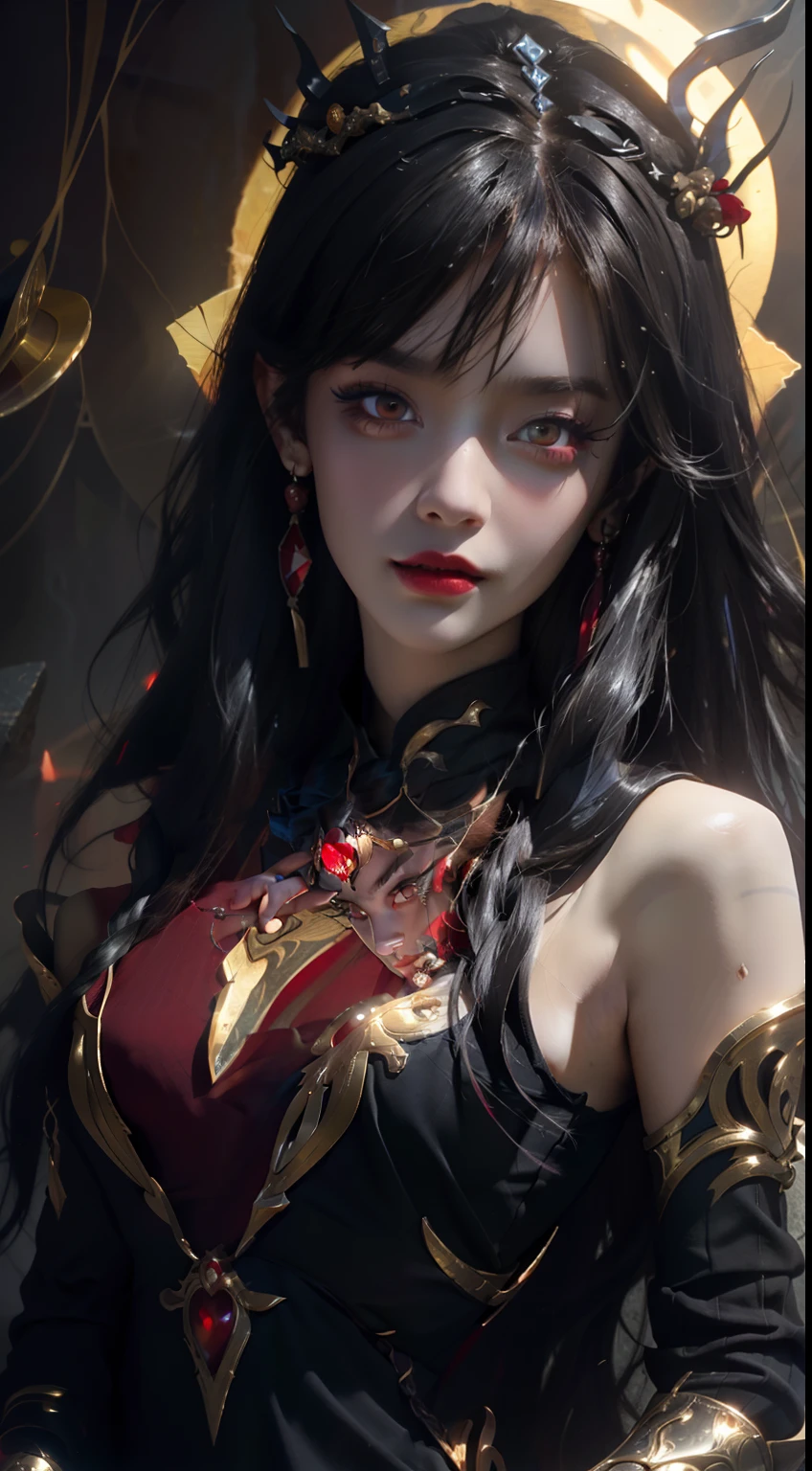 1 beautiful and seductive female devil, In the Dark: 1.6), surreal female portrait by David Hockney and Alphonse Mucha, fantasy art, korea doll, photorealism, dynamic lighting, artstation, poster, volumetric lighting, very detailed faces, 8k ultra, all body, Awarded, in the dark, deep shadow, low key, cowboy lens, (Red phoenix dress: 1.4), long hair, black hair, bust, luxurious palace, Royal style, devil  crown, red eyes make up very sharp and detailed, The most beautiful face, big and regular breasts, Super realistic, chinese women's clothing, polo neck sweater, Charming smile, The eyes are very well made up, guweiz, devil style, loong, forehead mark, upper body, 2 bangs braided hair, Red lips,