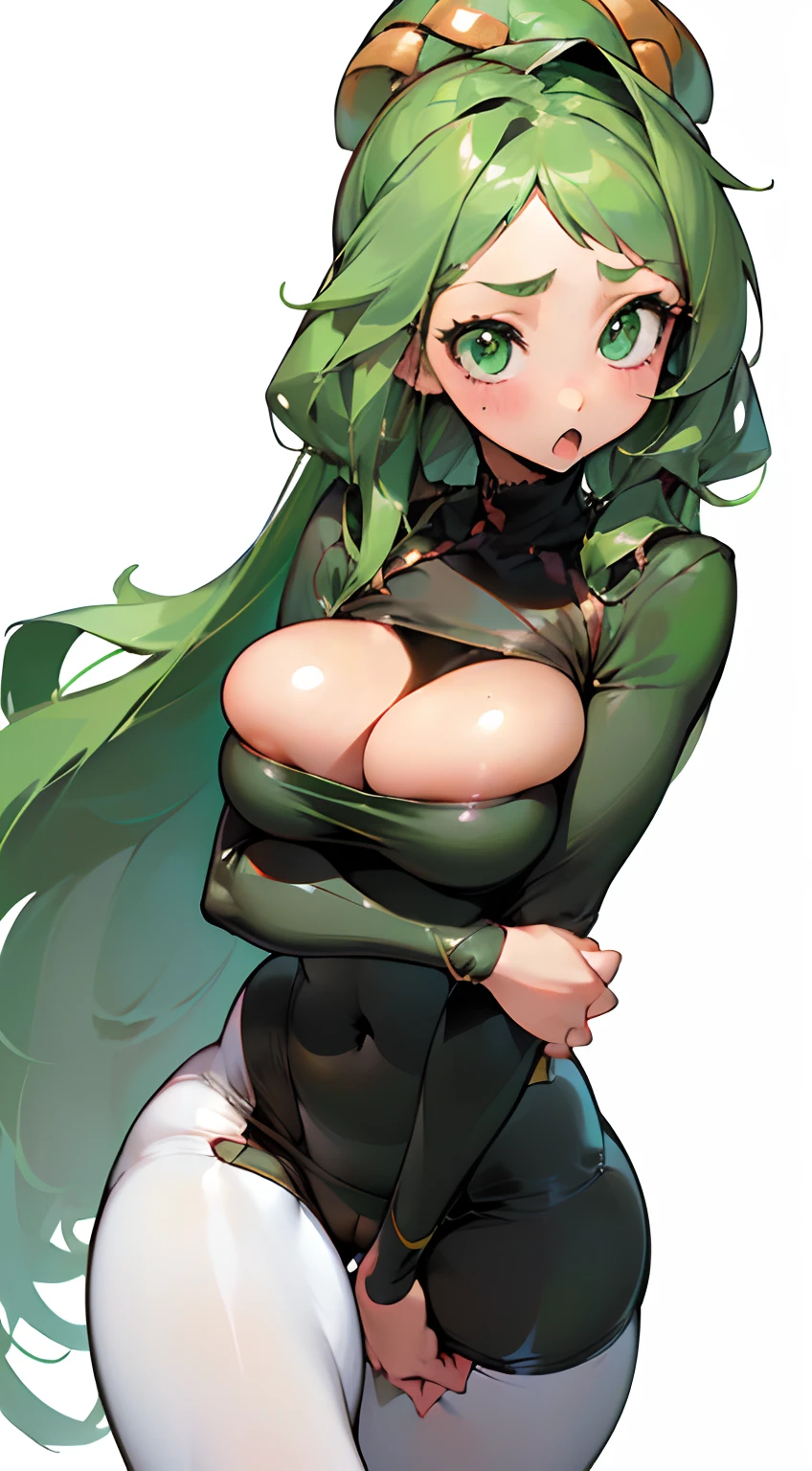 (Masterpiece), high resolution, (extremely detailed), photo realistic, 1 girl, (((bright long green hair, alluring green eyes, big eyes, cute eyes, cute face, small face, sharp face, (cute, cute, cute, cute, cute, cute, cute, cute, cute, extremely cute extremely cute, extremely cute), beautiful eyes, very young, big legs, thick legs, insanely small waist:1.6, huge boobs, bulging boobs, blushing))), ((smooth skin, soft skin, bouncy skin, bursting breasts:1.7)), facing towards viewer