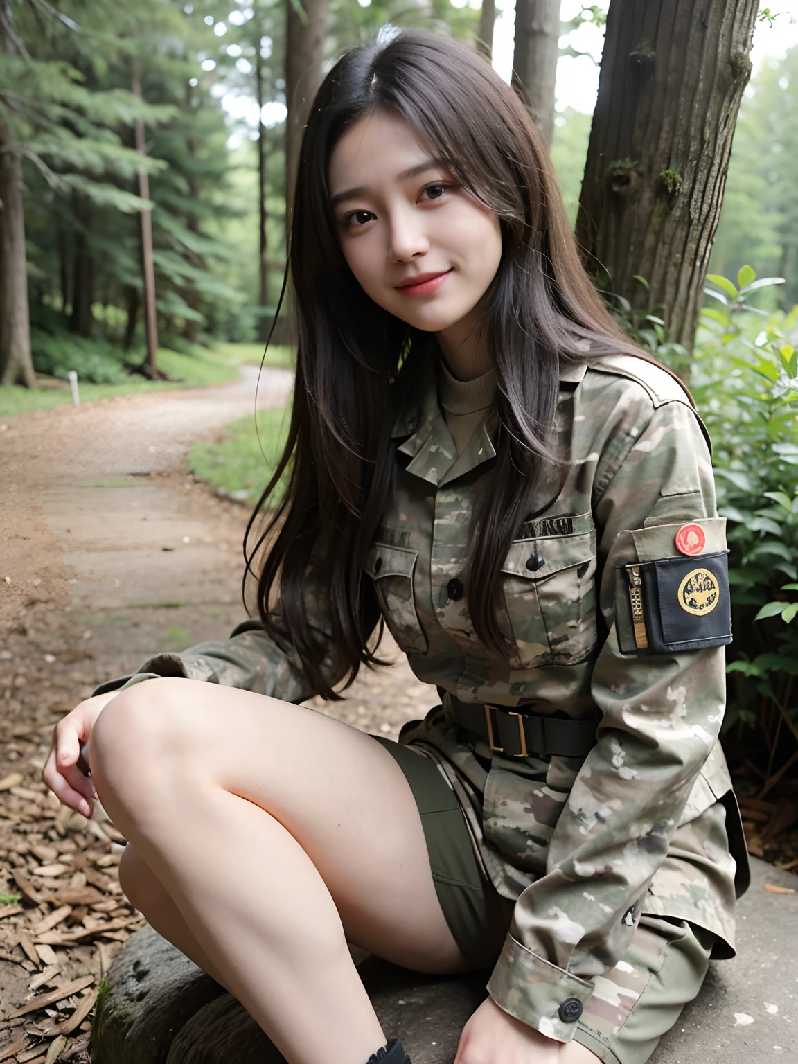 Camouflage pattern military uniform、Modern armament、A smile、In the woods、Adults、small tits
