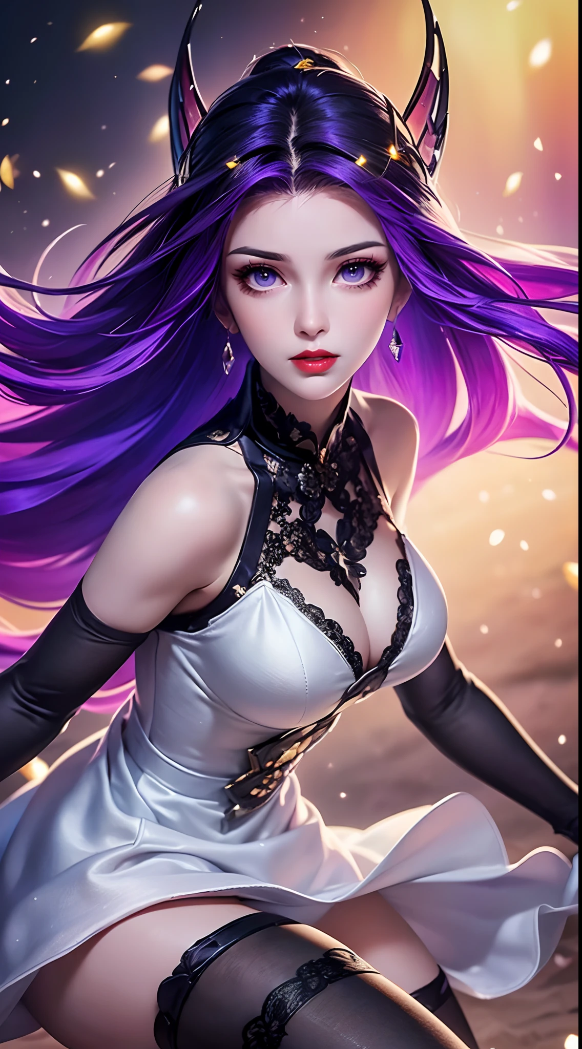 1 beautiful and sexy 20 year old girl, ((wearing a super purlpe dress:1.6)), ((a dress with diamonds:1.7)), ((long purple hair:1.6)), jewelry elaborately made from precious stones and beautiful hair, ((A thin red silk scarf covers half of the face:1.5)), (((wearing a thin light purple silk mask:1.5))), the noble, noble style of an extremely beautiful girl, her small face is super cute, her face is very pretty, thin eyebrows, flawless beautiful face, ((black eye pupils: 0.8)), very beautiful eyes, ((purple eyes: 1.6)), (((big round eyes:1.6))), nice makeup and hair detailed eyelashes, steamy eye makeup, high nose, earrings, red lips, ((closed mouth: 1.5)) beautiful lips, slim hands, most beautiful thighs, ((arms spread out to the sides: 1.5)), rosy face, flawless beautiful face, smooth white skin, (big breasts: 1.5)), ((high breasts: 1.6)), tight breasts, beautiful cleavage, (((big breasts and super round: 1.8))), ((super tight breasts: 1.7)) , beautiful breasts, perfect body, back arms, chest out, ((thin black mesh stockings with black lace trim:1.5)), ((sitting position with chest up and arms behind: 1.6)), ((open your legs:1.2)), don't be shy, 8k photo, super high quality, super realistic, super 10x pixels, optical, bright studio, bright edges, dual-tone lighting, (high-detail skin:1.2), super 8k, soft lighting, high quality, volumetric lighting, photorealistic, photorealistic high resolution, lighting, best photo, 4k, 8k quality, blur effect, smooth sharp, 10 x pixel, ((Beach at night and fireflies background:1.5)), aurora, lightning, super graphics realistic, most realistic graphics, 1 girl, alone, solo, Extremely sharp image, surreal, (((frontal portrait: 1.5)))."