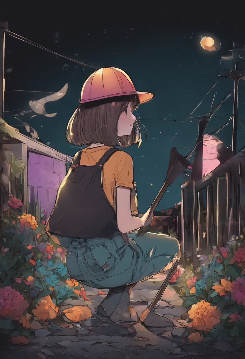 /Imagine Prompt: Illustration of girl with sticker bucket and broom isolated on black background, kawaii、colourfull、Bold outline style, jagged, Trashcore, Light Shading - V 5.2