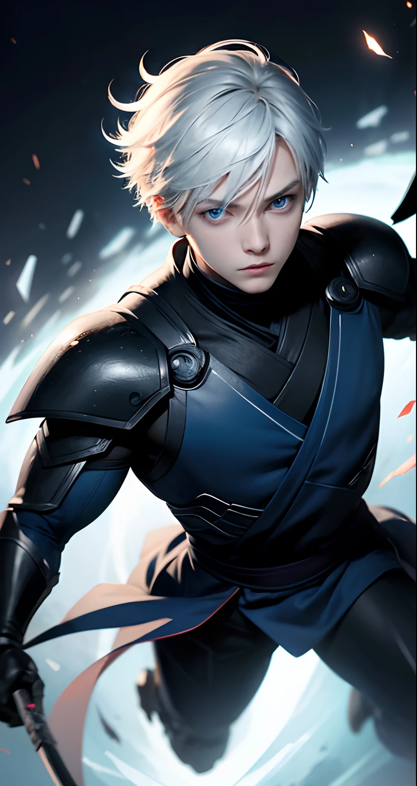 masterpiece, best quality, movie still, 1boy(10years), short white hair ,blue eyes,in ninja dress,floating in the sky, close-up, dark,cold lighting, night, (sparks:0.7)