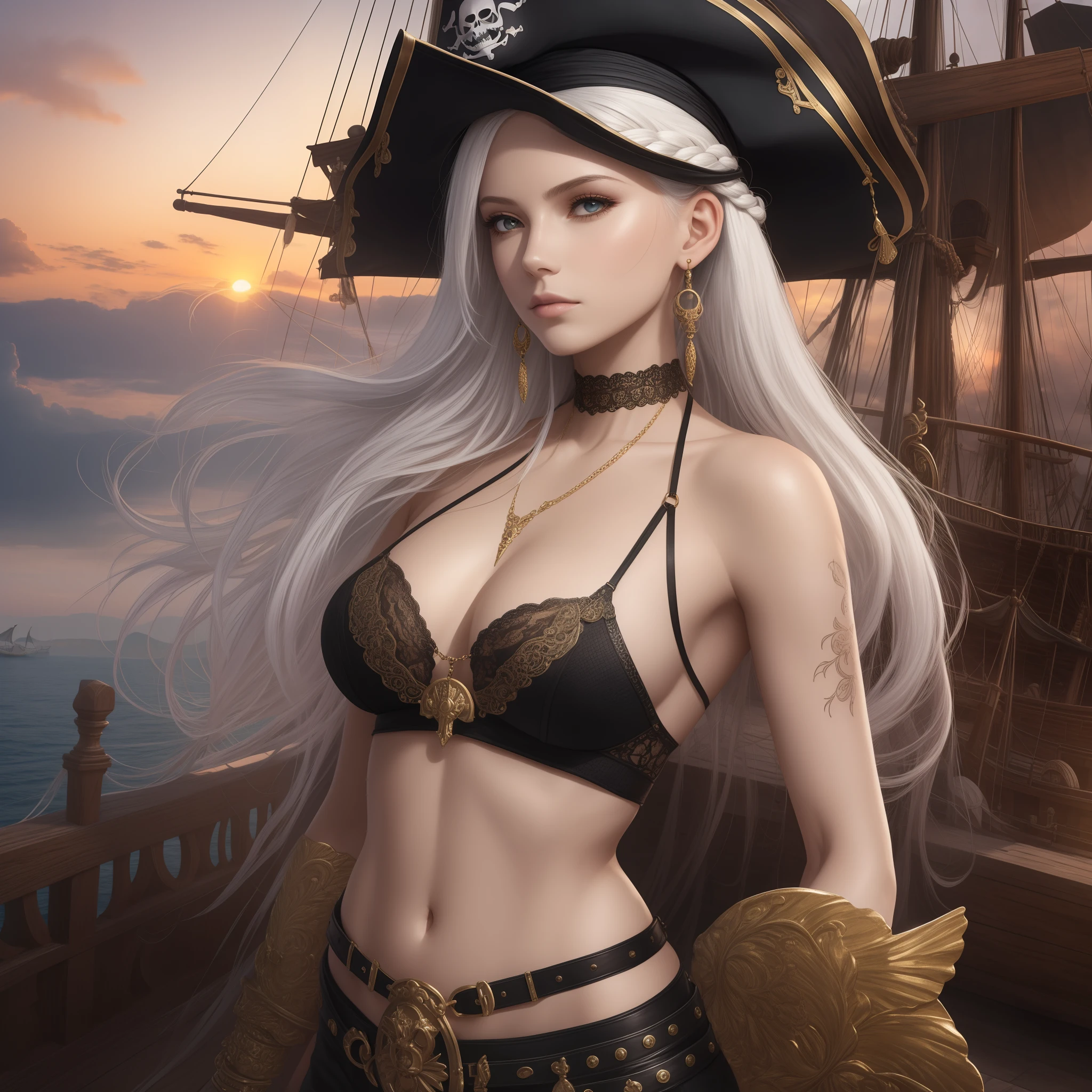 Masterpiece, absurderes, Best quality, Intricate details, (Shiny skin, shining body, shiny oily luster skin, Shiny hair, pale skin tone), Pirate ship, the sunset, 1girll, White hair, Braid, blindfolds, shoulder tattoo, Black sleeveless shirt, Earrings, mitts, Black pants, Pirate hat, Parrot on the shoulder, Don't look at the view, Not looking at the view