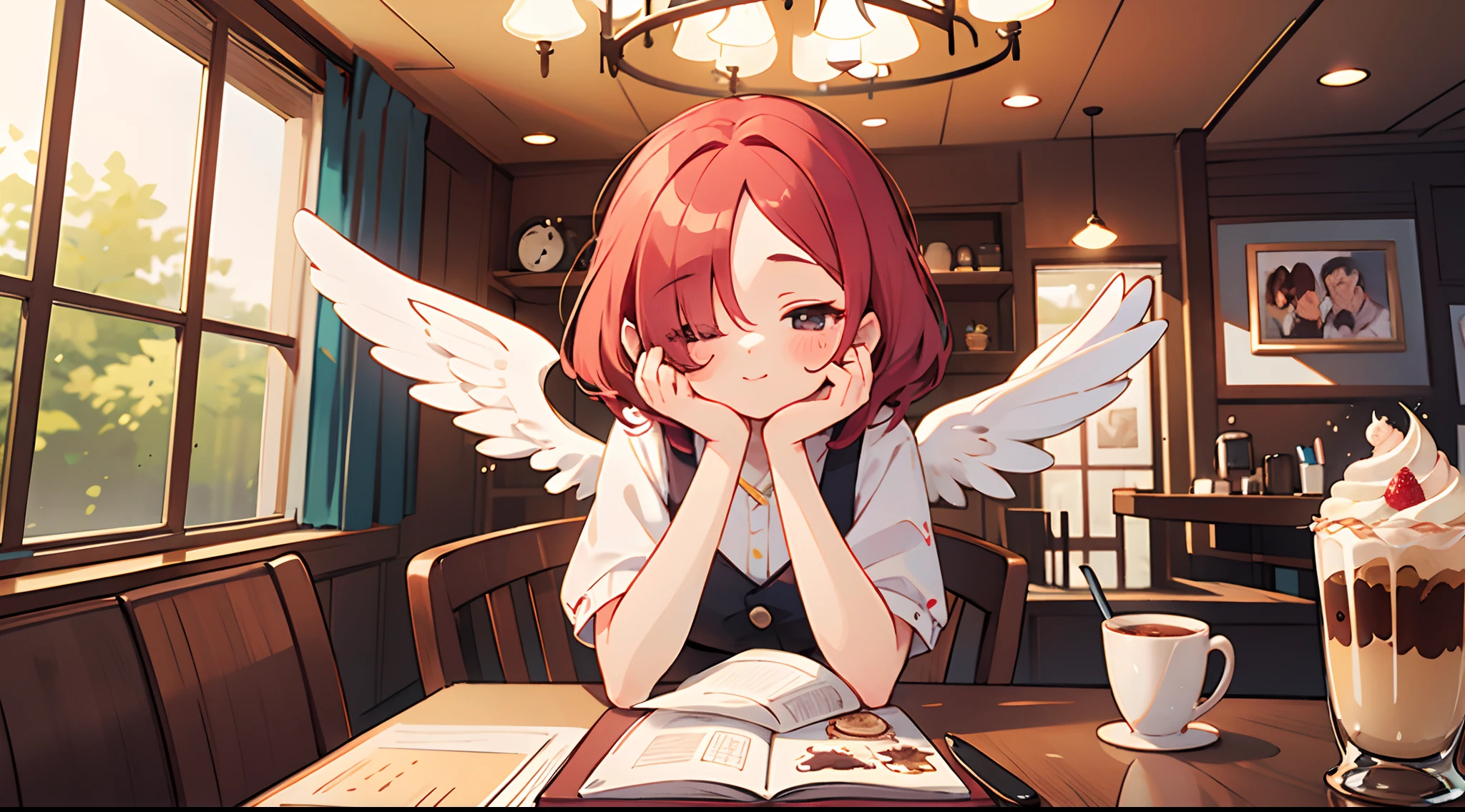 photoRealstic、Drawing of a girl with angel wings、Beautiful Angel Girl、Close one eye、Luxurious rooms in the coffee shop、Strawberry Shortcake and Coffee Set