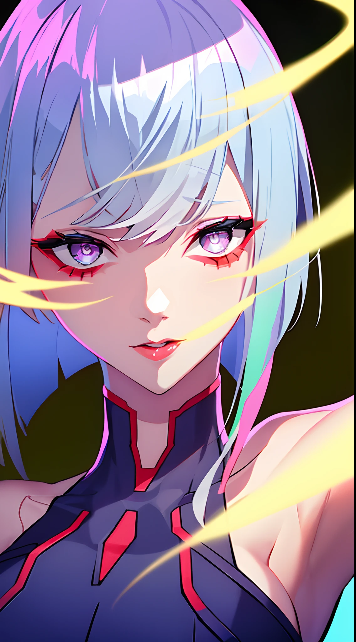 In an intriguing cyberpunk anime style, depict Lucy, a captivating 1girl with blue hair and colored tips, her hair flying upwards, framing her mesmerizing grey eyes. She wears a white jacket, her medium hair expertly styled with parted bangs and bangs falling along her face. With intense eyes open wide, her lips slightly parted, capture her unique facial expression. Enhance the portrait with multicolored hair, including hues of pink, and accentuate her features with red eyeliner and lips. Let her be the sole focus, exuding a captivating aura that embodies the essence of the cyberpunk edgerunners.