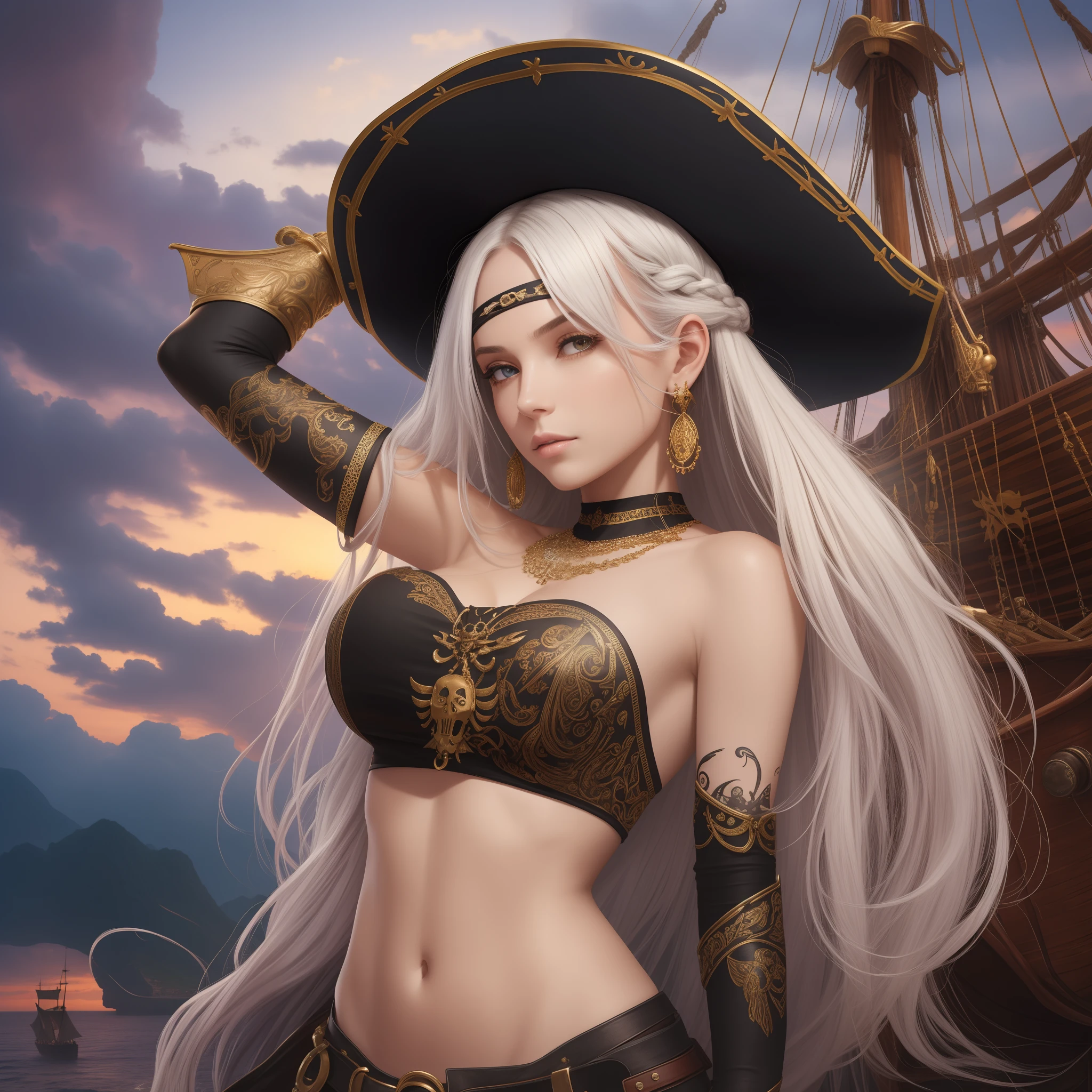 Masterpiece, absurderes, Best quality, Intricate details, (Shiny skin, shining body, shiny oily luster skin, Shiny hair, pale skin tone), Pirate ship, the sunset, 1girll, White hair, Braid, blindfolds, shoulder tattoo, Black sleeveless shirt, Earrings, mitts, Black pants, Pirate hat, Parrot on the shoulder, Don't look at the view, Not looking at the view