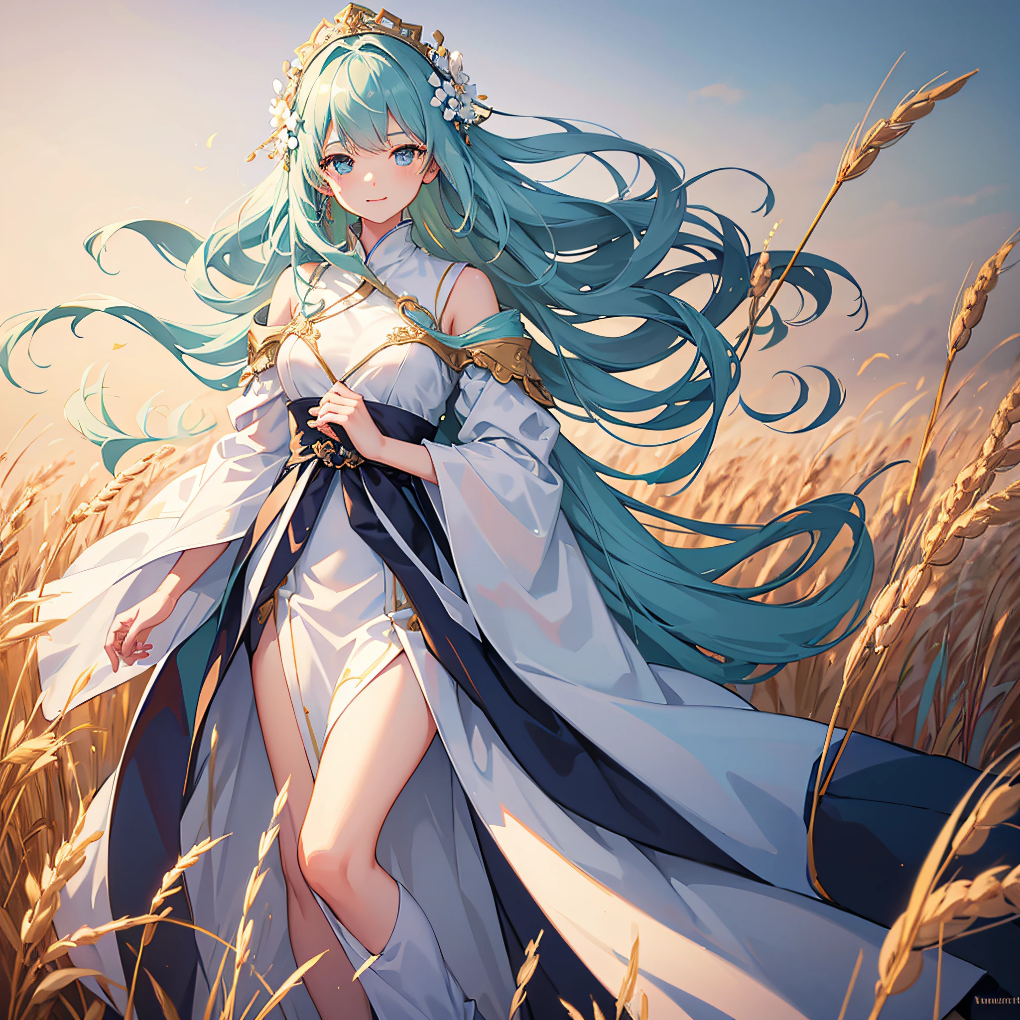 masterpiece, best quality, ultra highres, detailed illustration, portrait, detailed, 1girl standing in wheat field, solo, long hair, dress, flower, white hanfu, smile, full body, white flower, bare shoulders, very long hair, aqua hair, closed mouth, facing viewer, bangs