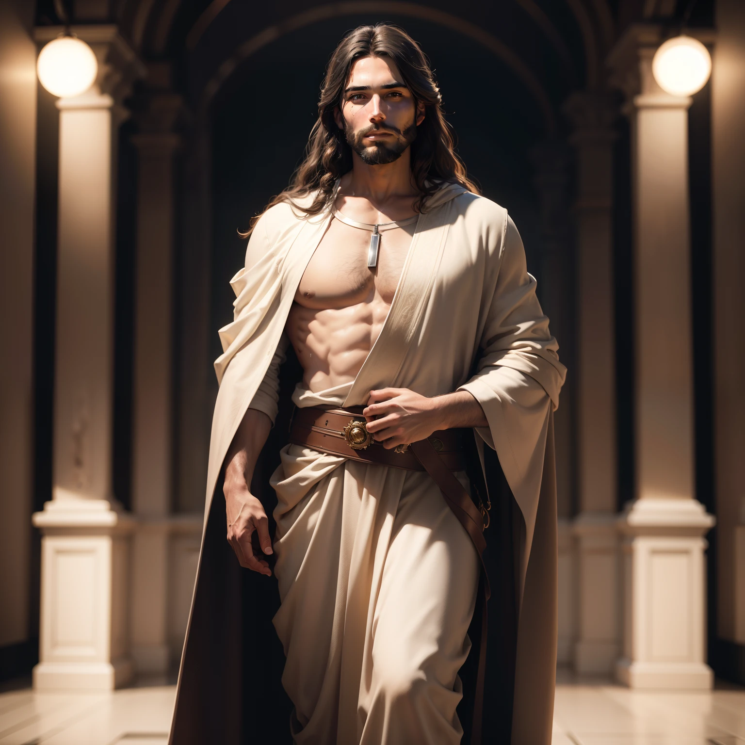 portrait of modern day Jesus, full body, cinematic lighting, depth of field, bokeh, realism, photorealistic, hyperrealism, professional photography, uhd, dslr, hdr, king, king jesus, detalied face,