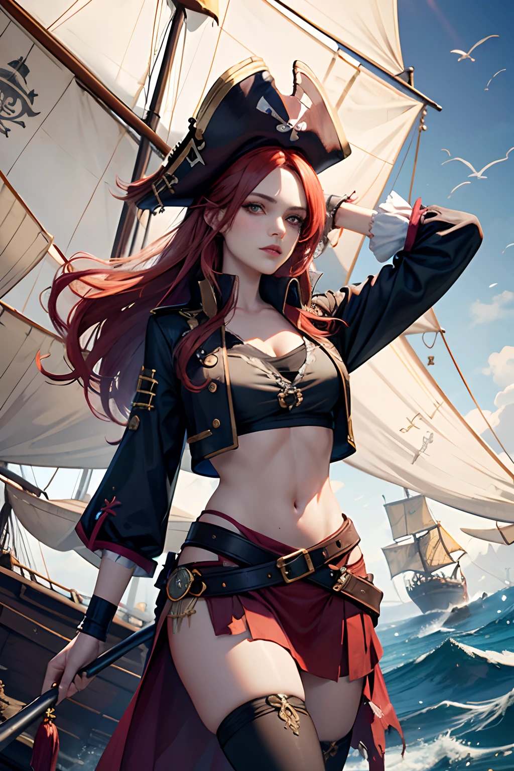 English woman,1girll,Lovely and beautiful Fas,28 year old,Red hair,double tails, Practical pirate clothing, (Long-sleeved pirate top), Skirt,Torn pirate hat, view the viewer, fantasy,(Pirate ship),Cinematic lighting,Masterpiece,