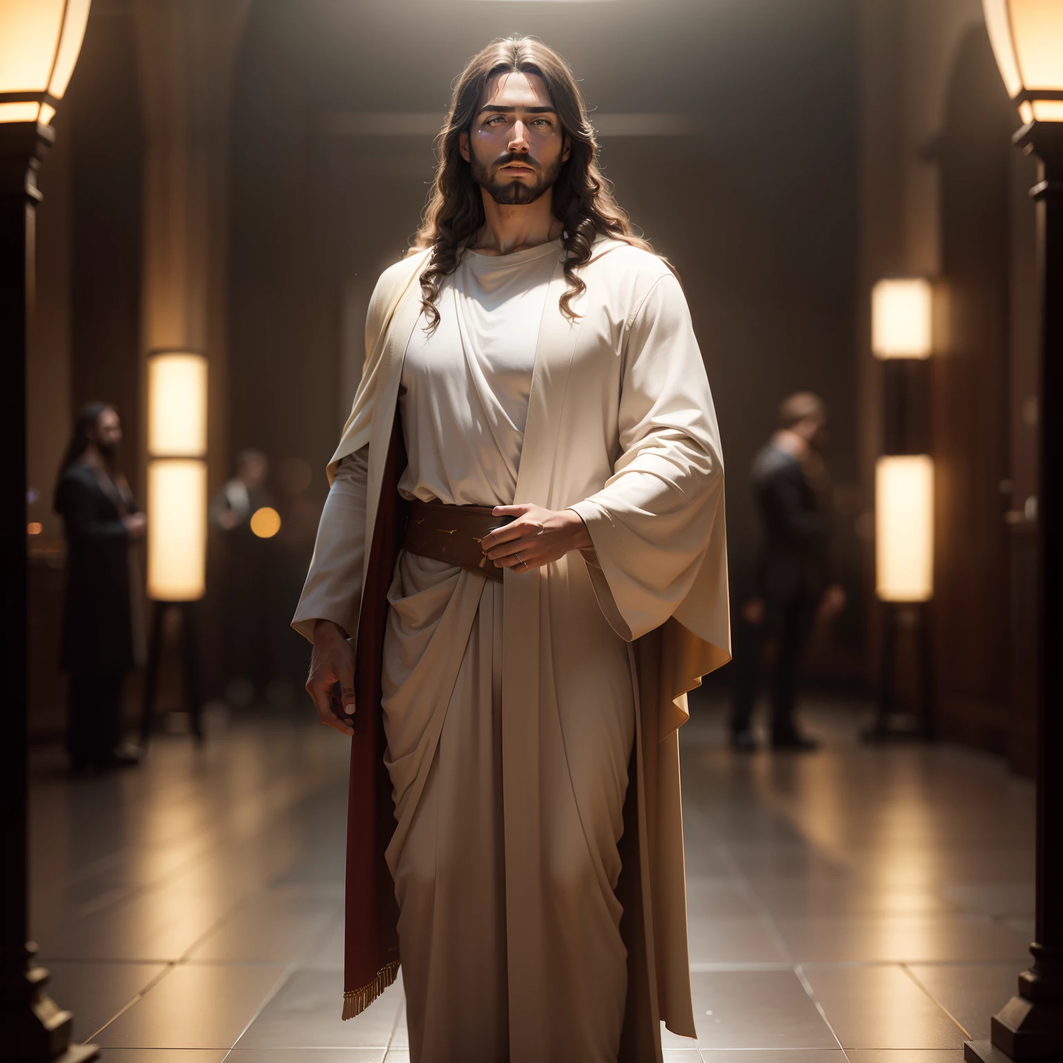 portrait of modern day Jesus, full body, cinematic lighting, depth of field, bokeh, realism, photorealistic, hyperrealism, professional photography, uhd, dslr, hdr, king, king jesus, detalied face,