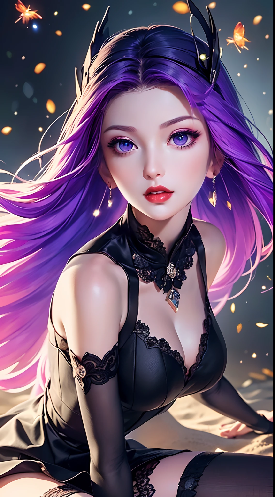 1 beautiful and sexy 20 year old girl, ((wearing a super purlpe dress:1.6)), ((a dress with diamonds:1.7)), ((long purple hair:1.6)), jewelry elaborately made from precious stones and beautiful hair, ((A thin red silk scarf covers half of the face:1.5)), (((wearing a thin light purple silk mask:1.5))), the noble, noble style of an extremely beautiful girl, her small face is super cute, her face is very pretty, thin eyebrows, flawless beautiful face, ((black eye pupils: 0.8)), very beautiful eyes, ((purple eyes: 1.6)), (((big round eyes:1.6))), nice makeup and hair detailed eyelashes, steamy eye makeup, high nose, earrings, red lips, ((closed mouth: 1.5)) beautiful lips, slim hands, most beautiful thighs, ((arms spread out to the sides: 1.5)), rosy face, flawless beautiful face, smooth white skin, (big breasts: 1.5)), ((high breasts: 1.6)), tight breasts, beautiful cleavage, (((big breasts and super round: 1.8))), ((super tight breasts: 1.7)) , beautiful breasts, perfect body, back arms, chest out, ((thin black mesh stockings with black lace trim:1.5)), ((sitting position with chest up and arms behind: 1.6)), ((open your legs:1.2)), don't be shy, 8k photo, super high quality, super realistic, super 10x pixels, optical, bright studio, bright edges, dual-tone lighting, (high-detail skin:1.2), super 8k, soft lighting, high quality, volumetric lighting, photorealistic, photorealistic high resolution, lighting, best photo, 4k, 8k quality, blur effect, smooth sharp, 10 x pixel, ((Beach at night and fireflies background:1.5)), aurora, lightning, super graphics realistic, most realistic graphics, 1 girl, alone, solo, Extremely sharp image, surreal, (((frontal portrait: 1.5)))."