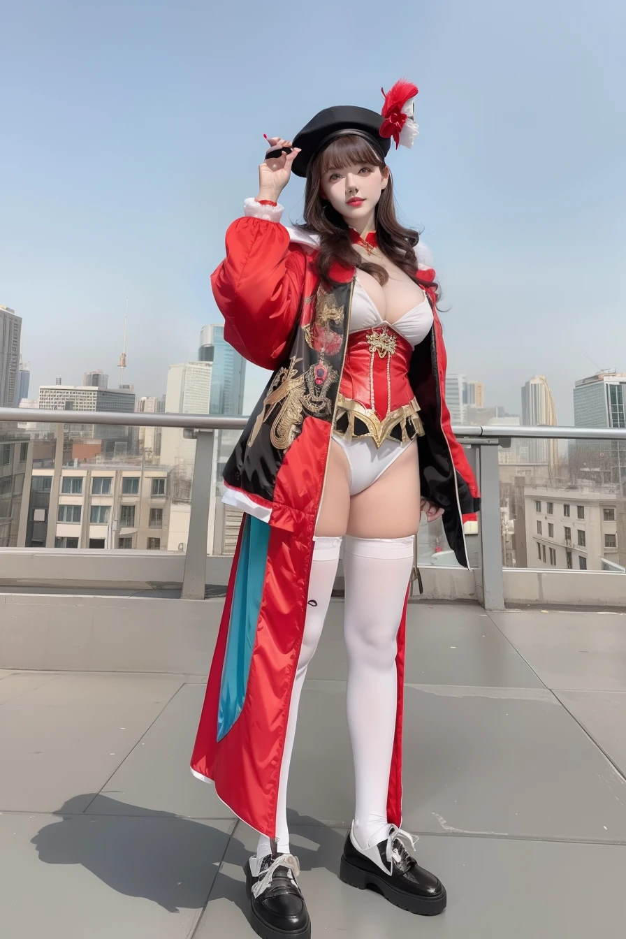 Young woman in fantasy costume、large full breasts、beautiful foot、Colorful hair、、Good Style、Black and golden tops、White leotard and white knee socks、Long red and black jacket、Black hat