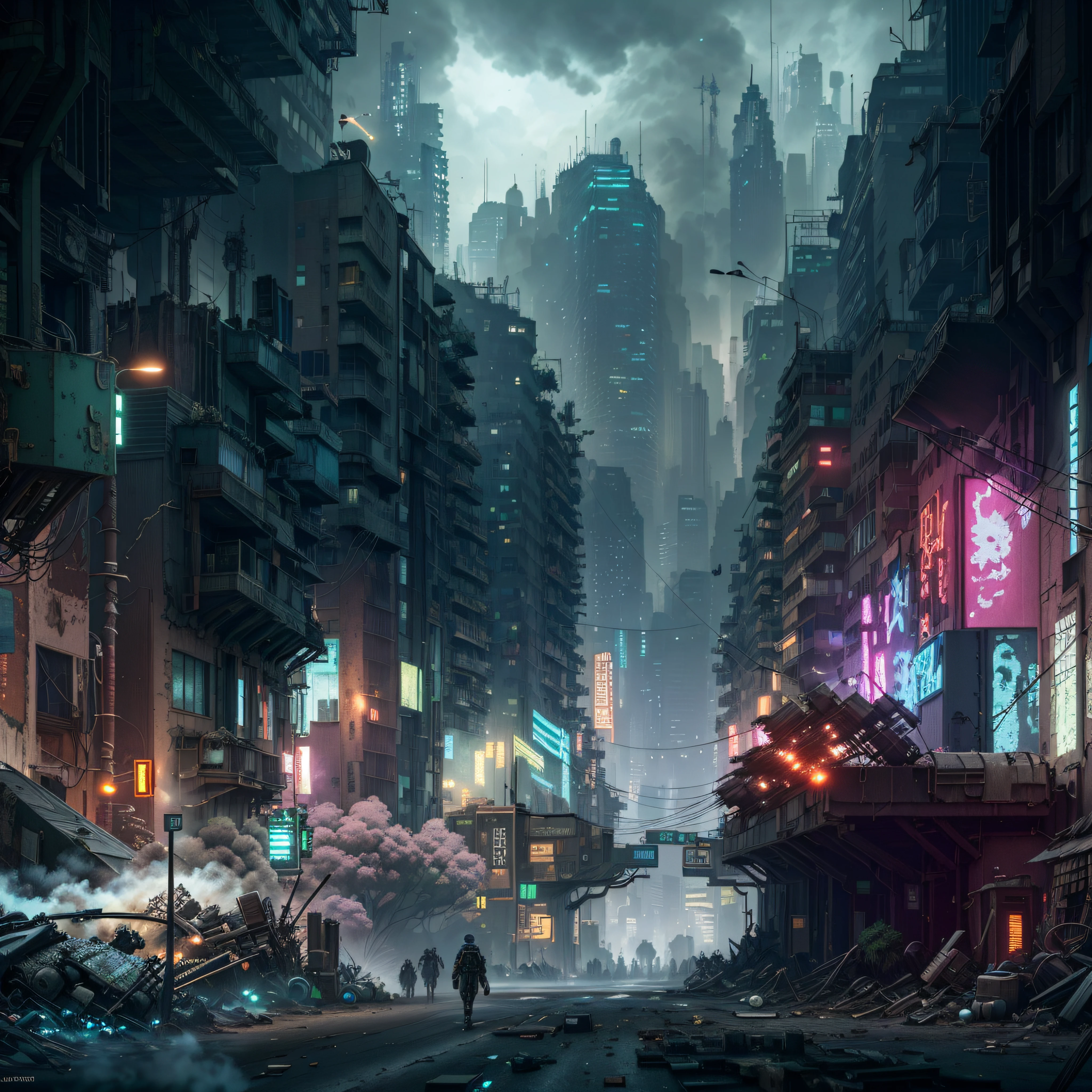 there is a picture of a city street with a lot of buildings, digital concept art of dystopian, dirty cyberpunk city, cyberpunk apocalyptic city, post - apocalyptic city streets, cyberpunk city abandoned, dystopian scifi apocalypse, dystopian cyberpunk city, dark cyberpunk metropolis, dark fantasy city, dire cyberpunk city, apocalyptic city, destroyed city, cyberpunk dark fantasy art, dark futuristic city, cyberpunk street