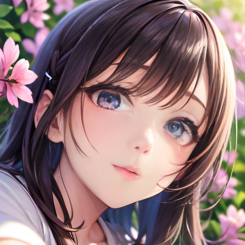(Masteris),(Best Quality),Women are looking at us in the moss phlox field,Clean face,cute expression,Breast size:1.1,Shot from bottom to top,wide angle shooting,Looking at Viewer、The background is a cherry blossom field