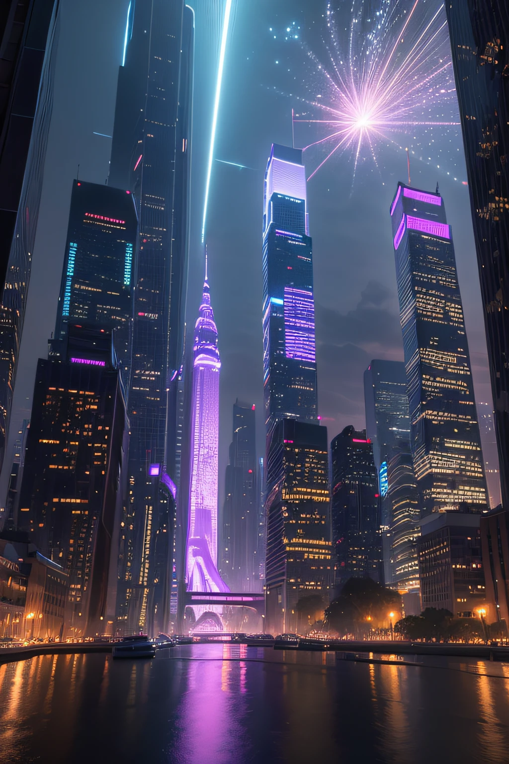 (best quality,realistic,highres,masterpiece:1.2),ultra-detailed,(realistic,photorealistic,photo-realistic:1.37),HDR,UHD,stunning futuristic cityscape,glittering skyscrapers,advanced transportation system,sleek flying cars,impressive technological infrastructure,architectural marvels,meticulously designed streets and buildings,vibrant neon lights,innovative urban planning,aesthetic balance between nature and technology,immersive cinematic lighting,softly glowing street lamps,captivating reflections on glass facades,light trails from passing vehicles,dynamic and dramatic shadows,high-tech holographic displays illuminating the city,indigo and magenta color tones,evoking a sense of awe and wonder.