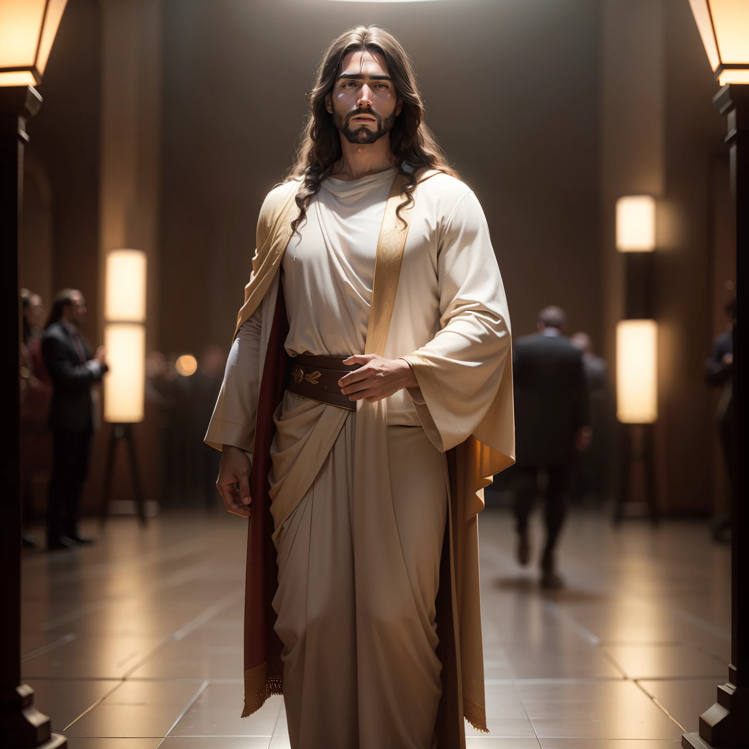 portrait of modern day Jesus, full body, cinematic lighting, depth of field, bokeh, realism, photorealistic, hyperrealism, professional photography, uhd, dslr, hdr, king, king jesus, detalied face,