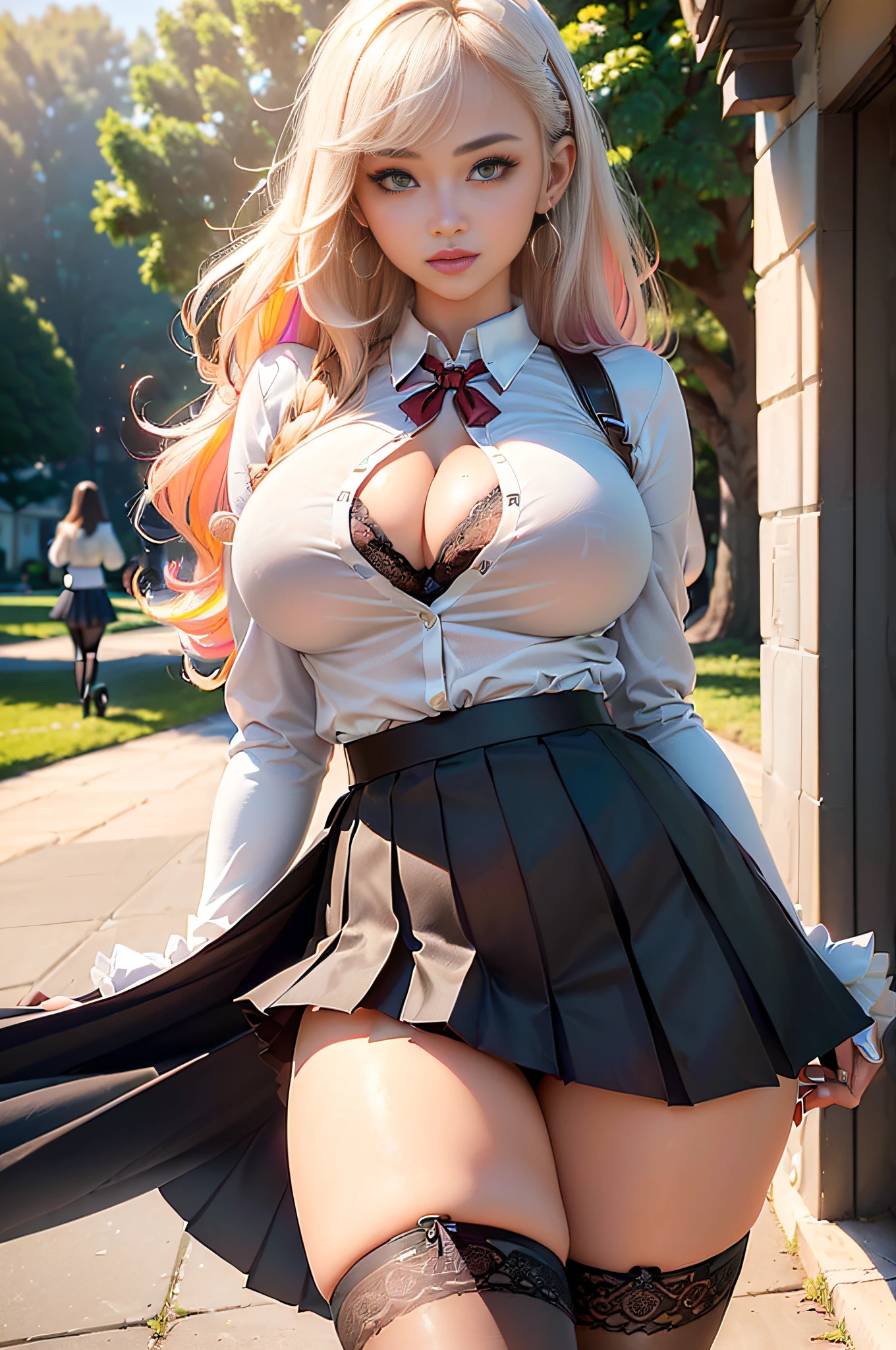 Detailed and intricate, A high resolution,shot of,(((full body shot shot,Front lens))),full bodyesbian,fully body photo,(((Full body appearance))),Perfect anatomy,extremely detailed goddess shot,Beautiful,
\\
Asian people_Brown skin(20yr old),Extremely detailed_Eyes,Japanese babes,schoolgirls,(Best female figure,Striking goddess,Jaw-dropping beauty)((huge tit))
\\
(eyes liner:0.5),the hair_(blond hairbl、coloured hair、Pick dyeing、curlies、many color),(long eyelasher,Hair covers one eye,Cover bangs,),(Extremely beautiful face,lifelike face)(Beautiful eyes),cparted lips_(Multi-coloured lipstick,sexy for)
\\
Asian people,with brown skin_Brown skin,Detailed skins,Hip height,( Seductive, Sexy towering curves,glamour body,Tall, Curvy) Super beauty,(Breasts), (Bigboobs,Large of breast,Large sagging breasts)
\\
Wear a plain white shirt_White color blouse_Student uniform(White color blouse,The white)\\ Wear a plain white shirt,(High School Uniforms,high school school uniforms:1.5)
\\
Student skirts_pleatedskirt(short skirt,black)( Pleated skirt:1.3),
\\
Black bra(brassier,bralette,lace-trim)
\\
stocklings,Stockings_(((Super long,Stockings)))
\\
finger nails_(red colour,white colors,black in color,many color)
\\
Simple earrings
\\
White long-sleeved gloves:1.4,((longer sleeves,The white,transparent pubic hair,Tight))
\\
\\
\\
high-heels_((A hollow wisp of red))
\\
\\
Positive perspective:1.5_(((The back is not visible from the front))),standing full-body,are standing,Stand gracefully,Dynamic pose((,spread their legs)),((matching hairstyle, Match faces, matching outfits))
\\
1girll:1.5
\\
Background with: byself,empty of people,(In school,Next to a big tree,On the lawn), Pink light,enchanting glow,Blissful tranquility,(soft,gentle),ethereal glowing,Ambiguous atmosphere,\\ (Mother's warm eyes), (There was joy in her eyes,With a happy smile on his face: 1.3)
\\
(Depth of field:1.1),Loli:0.1,(Realistic:1.3), (Ultra photo realsisim:1.4),
(Ambient light:1),(Cinematic composition:1.3),Perfect lighting, Hyper-realism, (Real light:1.4), Up to 8K resolution, high detal, exquisite detailing,Professional 32K realism,(Numerous award-winning masterpieces of, With incredible details, textures and maximum detail),(best quality real texture skin),(Ultra detailed),,Exquisite,8K,absurderes,Super fine illustration,(view the viewer)(Masterpiece), Best quality, Highest quality,