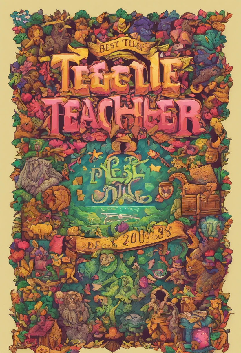 The design showcases a pixelated arcade scene, featuring teachers, teaching. Vibrant blocks of neon colors add a touch of retro flair, while the pixel art style brings a sense of vintage authenticity. The design has the words: "Best Teacher 2023" at the top