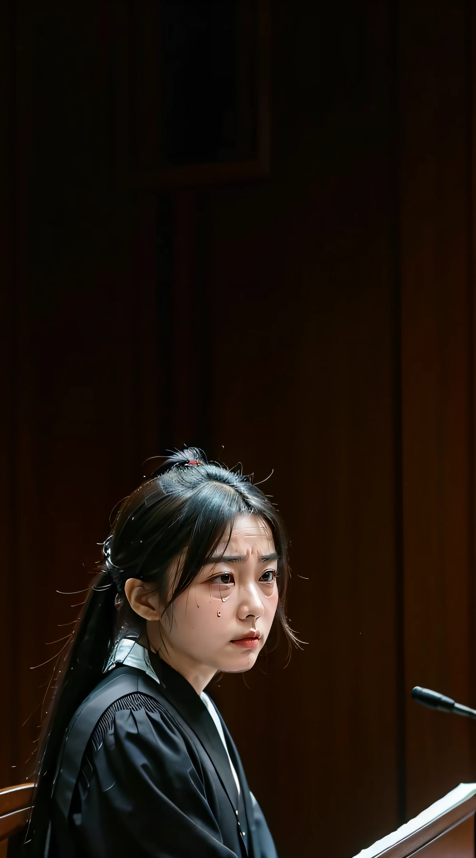 A Chinese judge with a furrowed brow and tears in their eyes, presiding over a court case with a heavy heart.