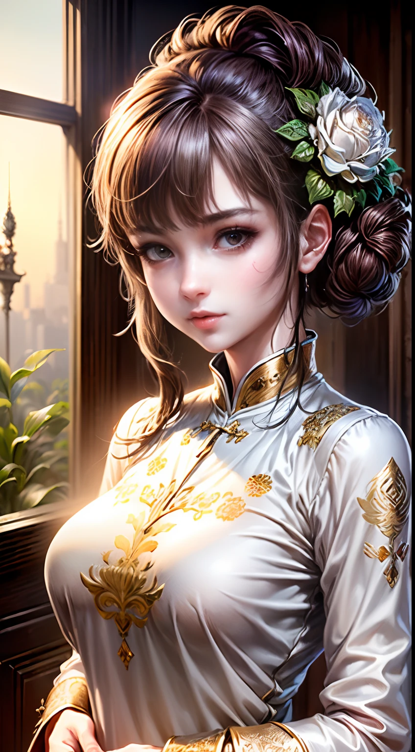 (Best quality, Masterpiece, Extremely detailed CG, Game CG:1.5), full bodyesbian,1 girl,An extremely delicate and beautiful girl, Extremely detailed eyes and face, beautiful detailed glow,Lagasprín,on cheongsam,Medium breast, illustration, Cinematic lighting, Best shadow,(White background:1.3)